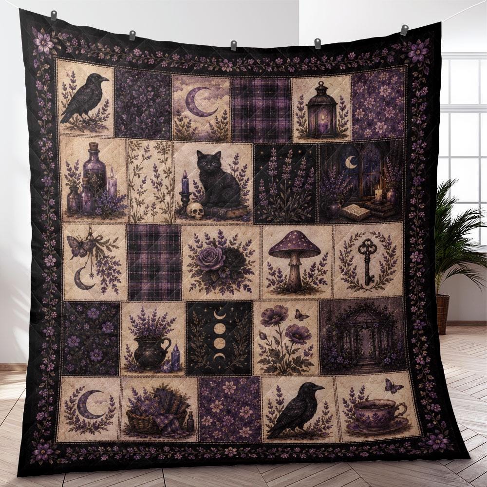 Purple Gothic Halloween Quilt Blanket, Dark Cottagecore Witch Floral Throw, Black Cat Raven Spooky Decor Blanket