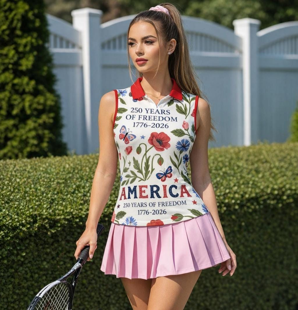 250 Years of Freedom Women's Sleeveless Polo Shirt Patriotic 1776-2026 USA Tennis and Golf Top Floral Design