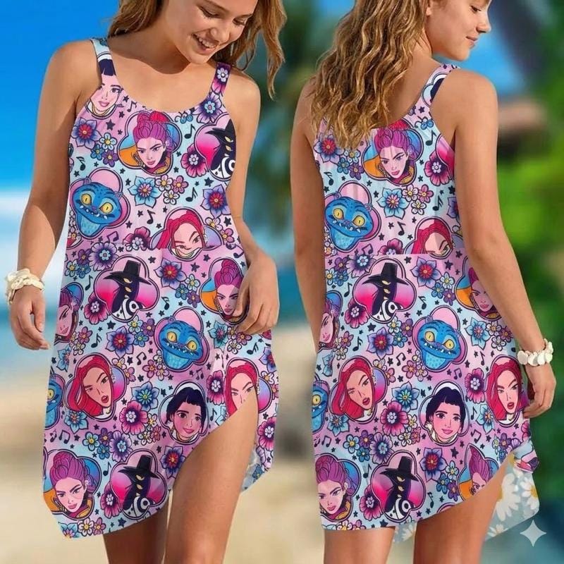 Floral Huntrix Merch Sling Summer Dress Demon Hunter Shirt Dress Custom Birthday Gift Huntrix Girl Shirt Kpop Movie Lover Dress Women