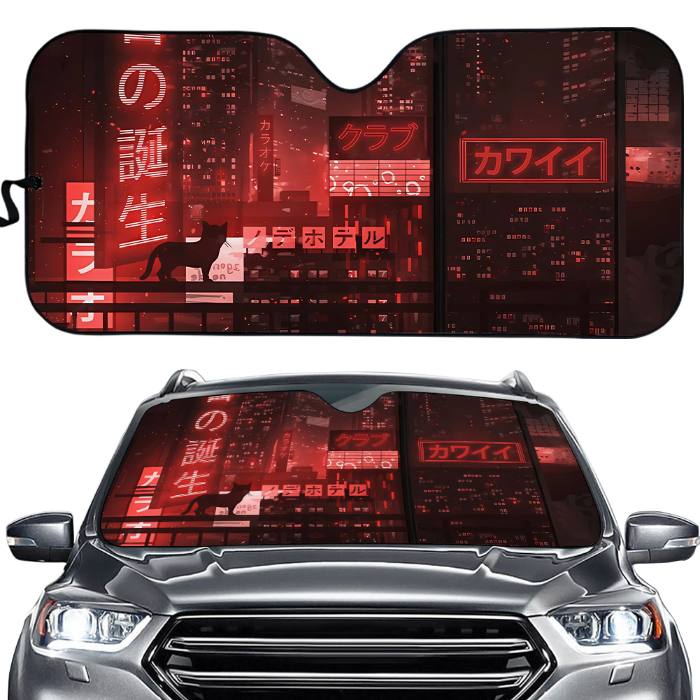 Red Sun Shade for Car/Truck/SUV, Sunshade windshield cover umbrella, Vaporwave Cyberpunk anime, large window visor protector mat accessory