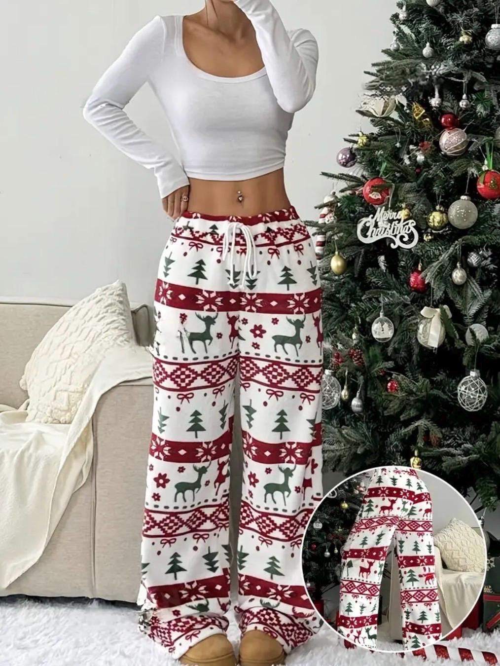 Womens Christmas Pajama Pants Holiday Reindeer & Tree Print
