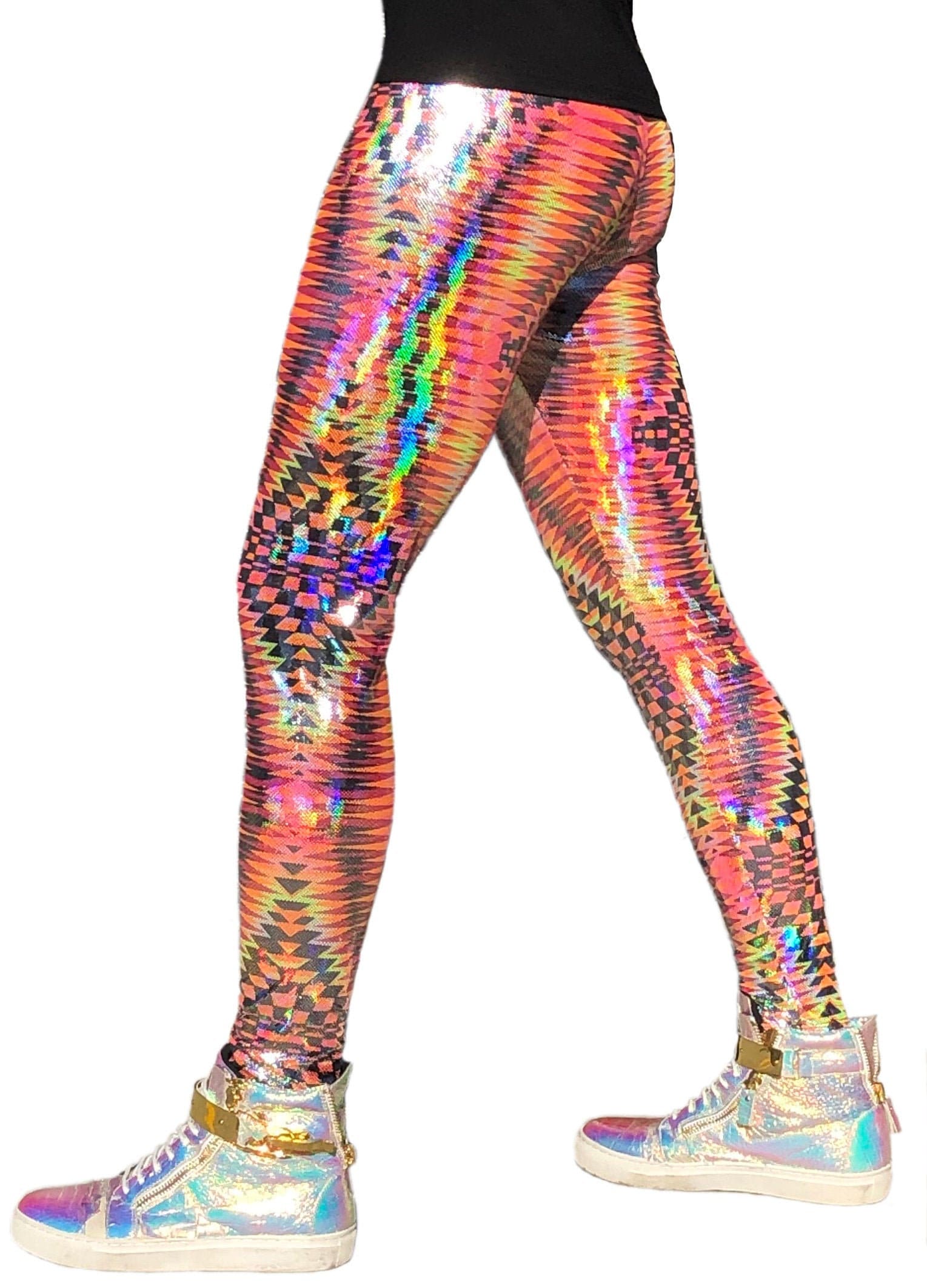 ORANGE Dazzle Tribal Hologram UV Reactive Meggings // Black Light Mens Leggings