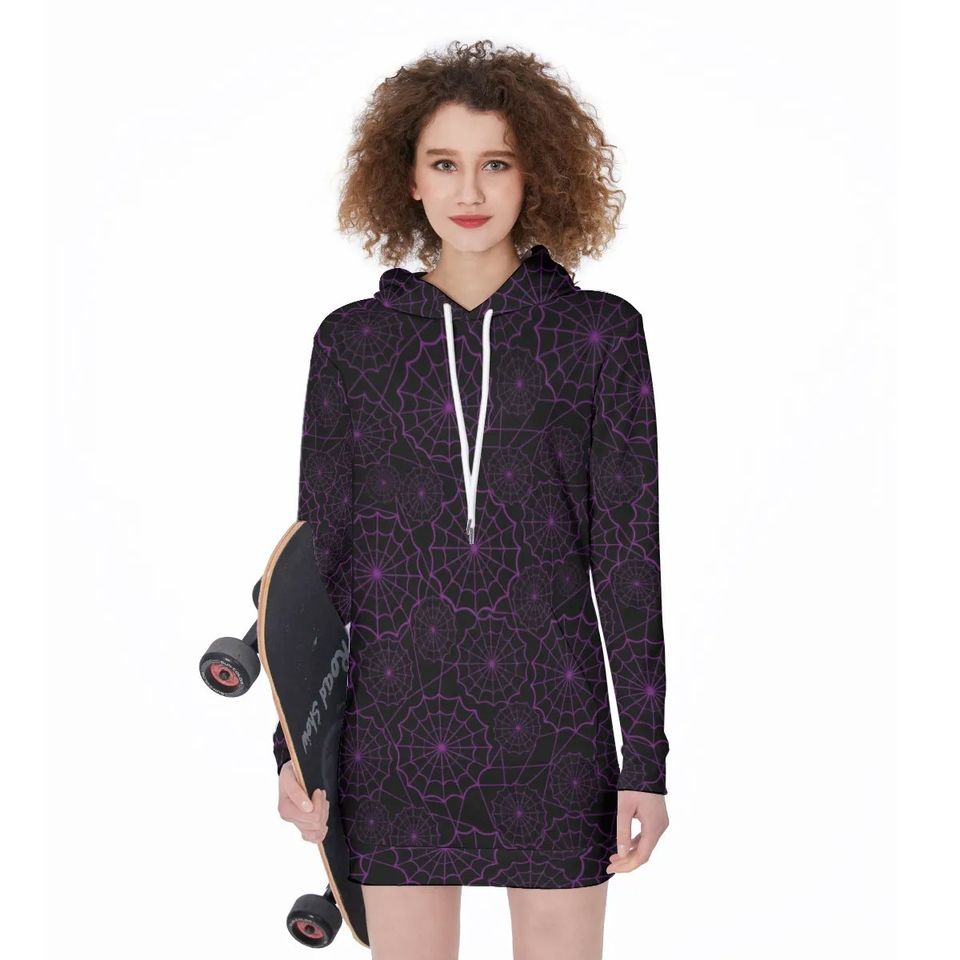 Gothic Purple Spiderwebs Halloween Hoodie Dress Long Sleeve, Halloween Cosplay Costume, Gift For Women