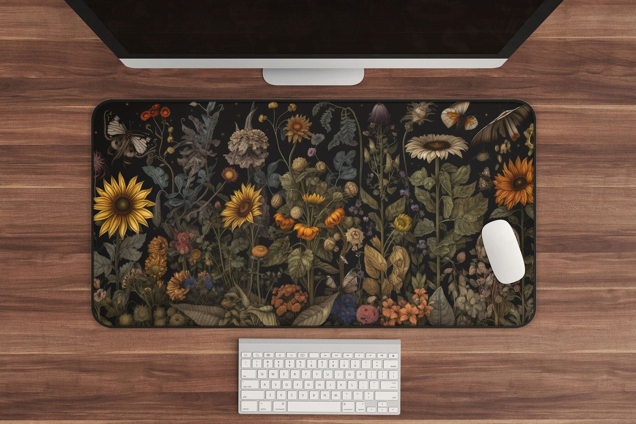 Cottagecore Desk Mat | Floral Lavender Mousepad | Sunflower Mushroom Design | Extra Large Keyboard Mat
