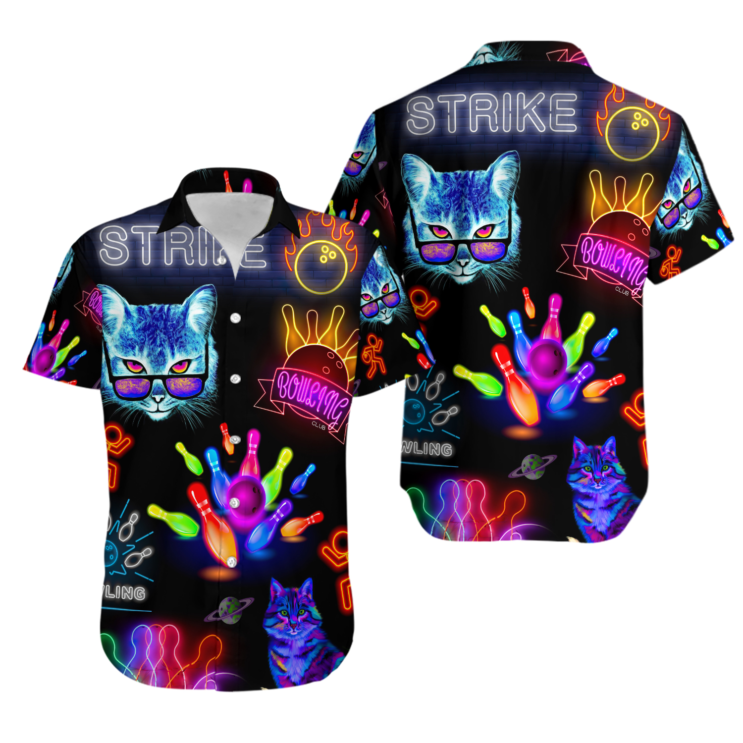 Rolling With My Homies Cats Bowling Aloha Hawaiian Shirt, Tropical Flowers Summer Button Up for Men, Women, Kids, Trending Casual Fashion