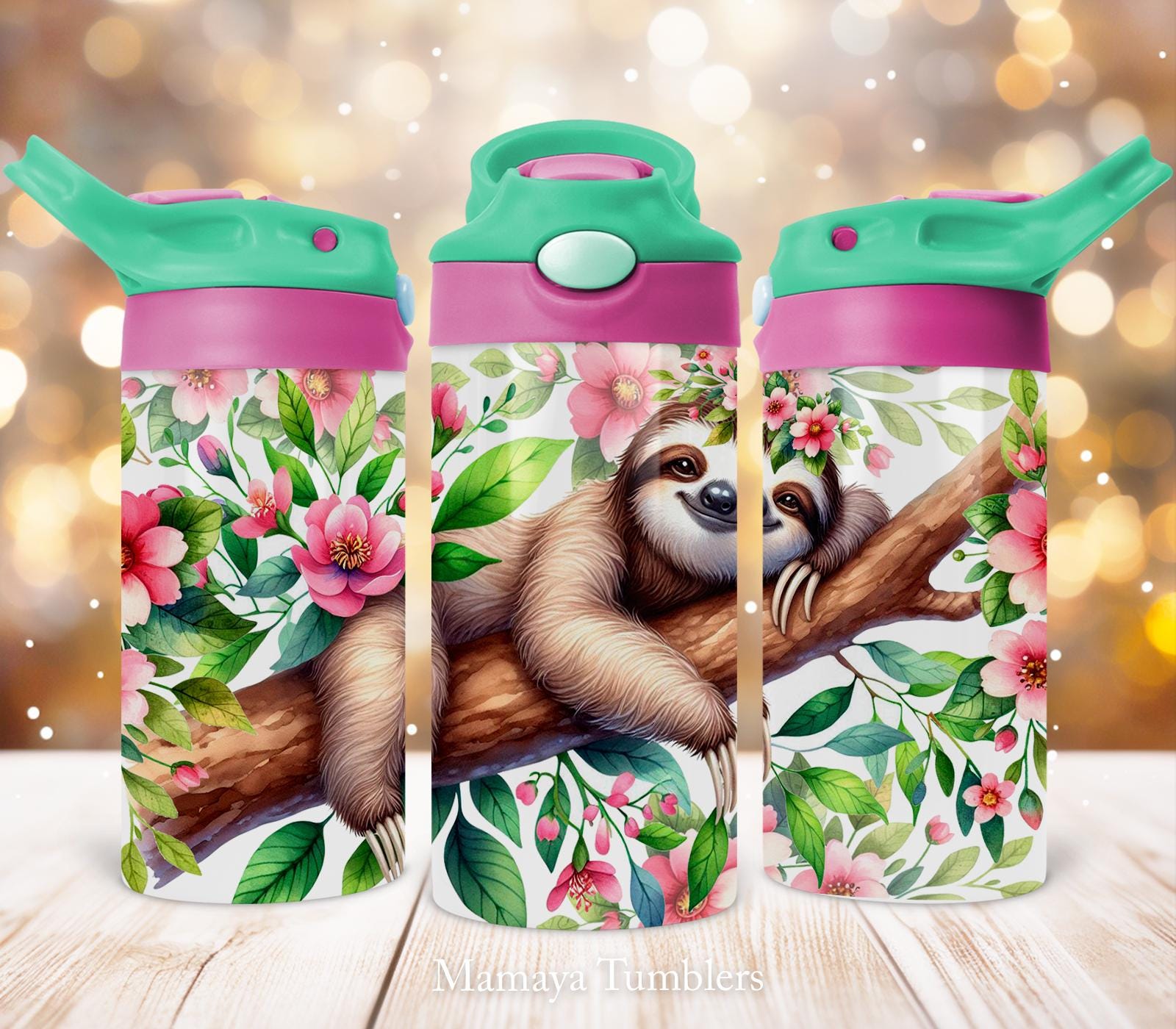 Sloth 12oz Kids Flip Top Sippy Cup Tumbler, Cute animal Boho Flower Floral Sloth Tumbler