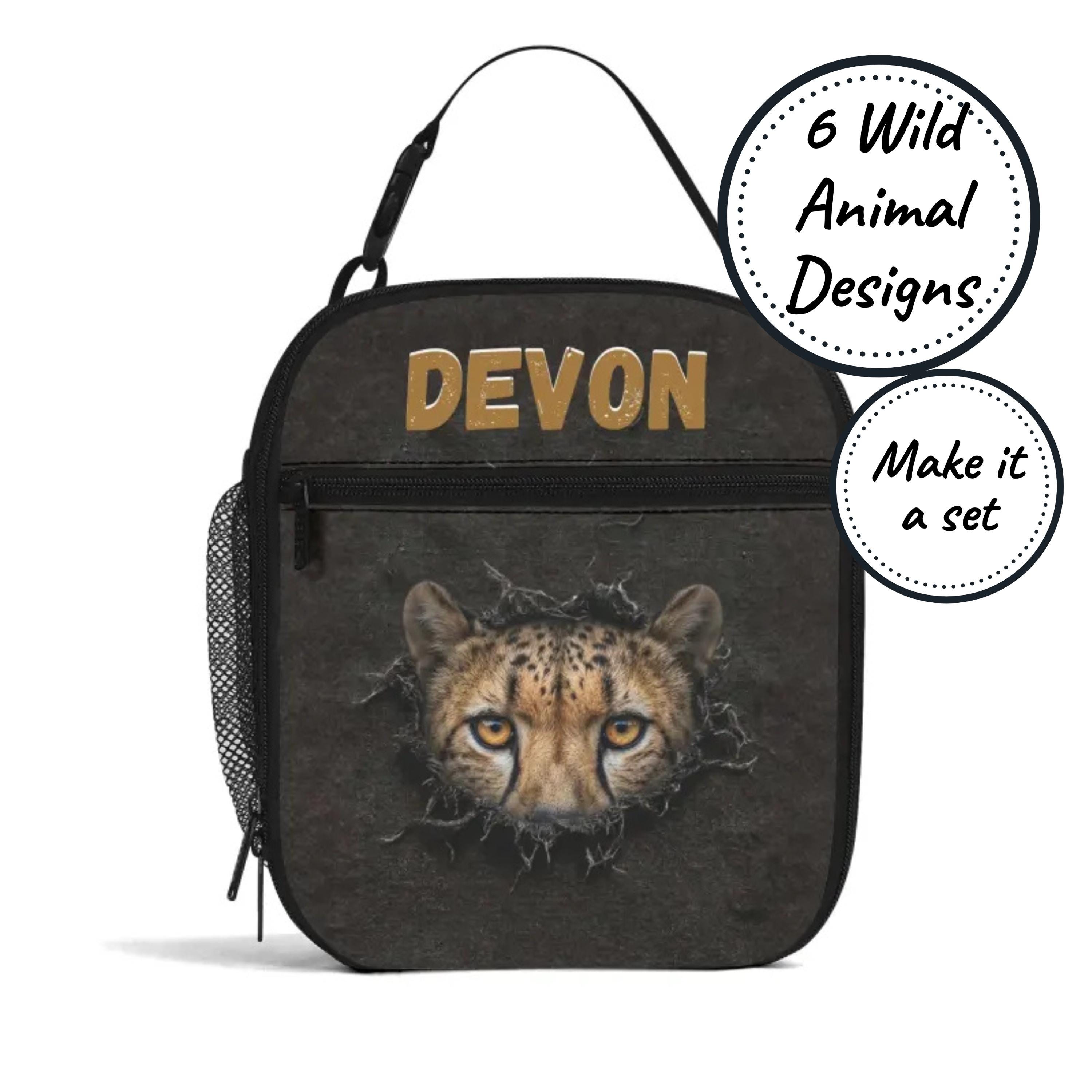 Custom Name Insulated Lunch Bag for Kids with Wild Animal, Personalized Food Cooler Lunchbox