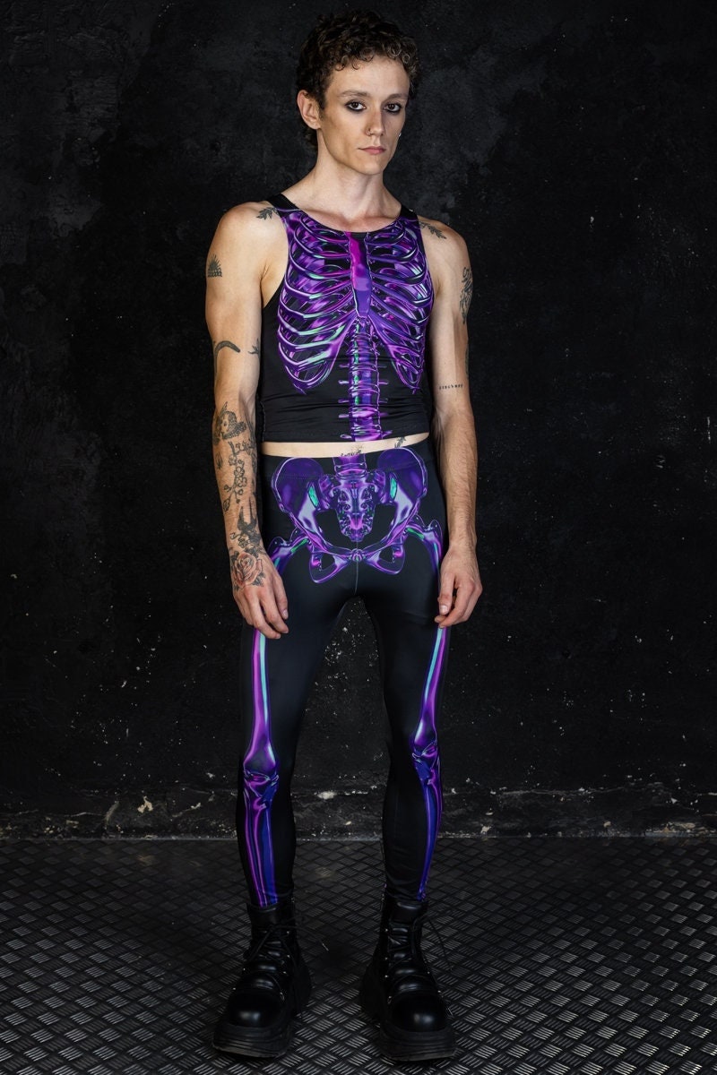 Purple Skeleton Leggings for Men, Men Halloween Leggings, Halloween Outfit for Men,
