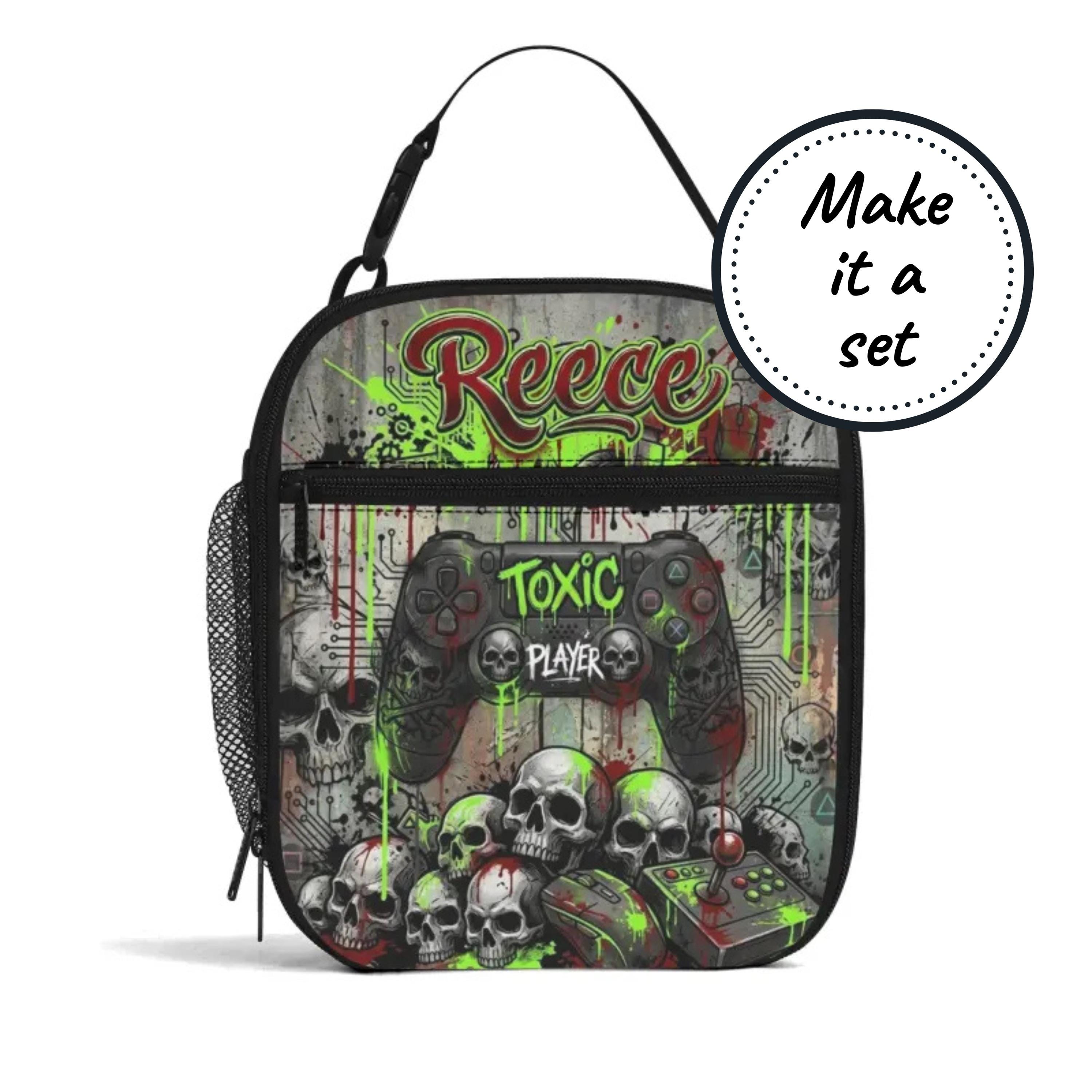 Custom Name Insulated Lunch Bag for Kids with Video Gamer Design, Personalized Food Cooler Lunchbox
