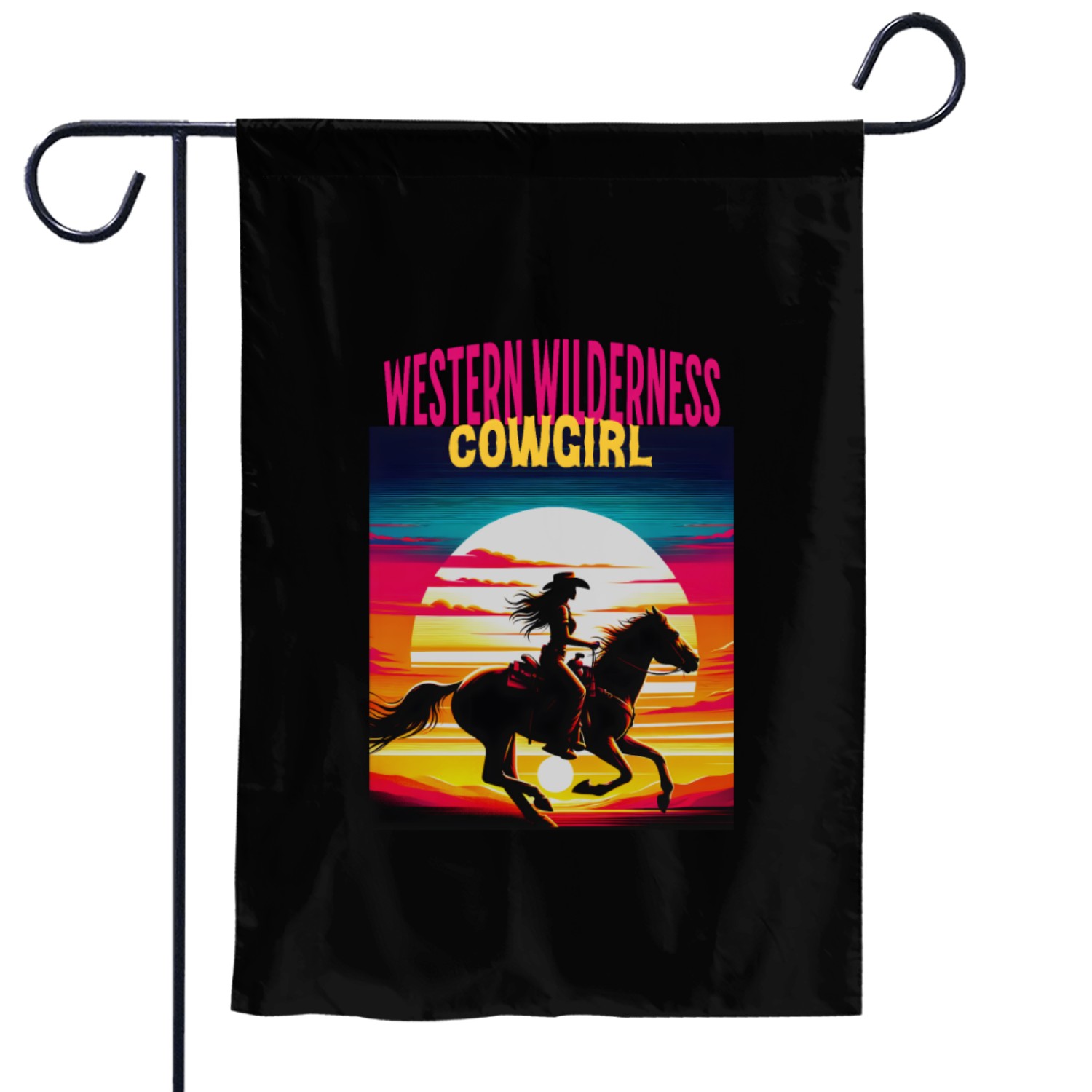Western Wilderness Cowgirl, 80s Sunset Vibes Garden Flags