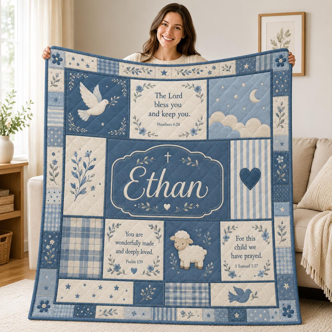 Personalized Baby Quilt Blanket with Custom Name, Religious Nursery, Patchwork Baptism Christening Gift