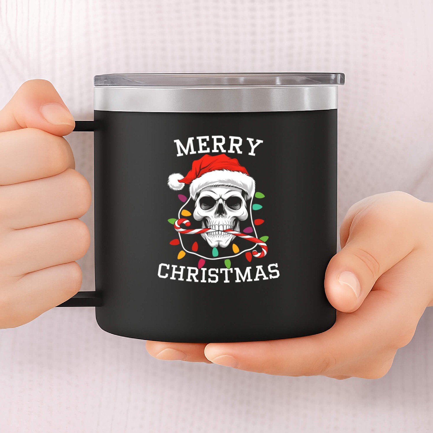 Merry Christmas Skull Skeleton with Santa Hat Xmas 14oz Stainless Steel Tumblers