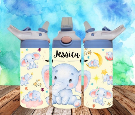 Elephant 300dpi 12oz Kids Flip top Sippy cup Tumbler Wrap/Animals/Personalized With Name