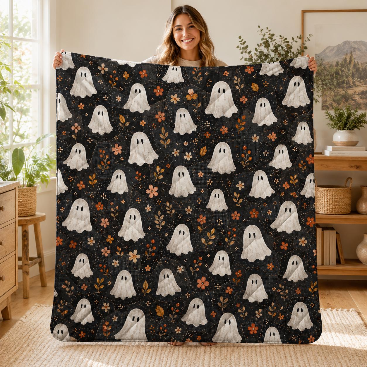 Halloween Floral Ghost Quilt Blanket, Spooky Cottagecore Fall Throw Blanket