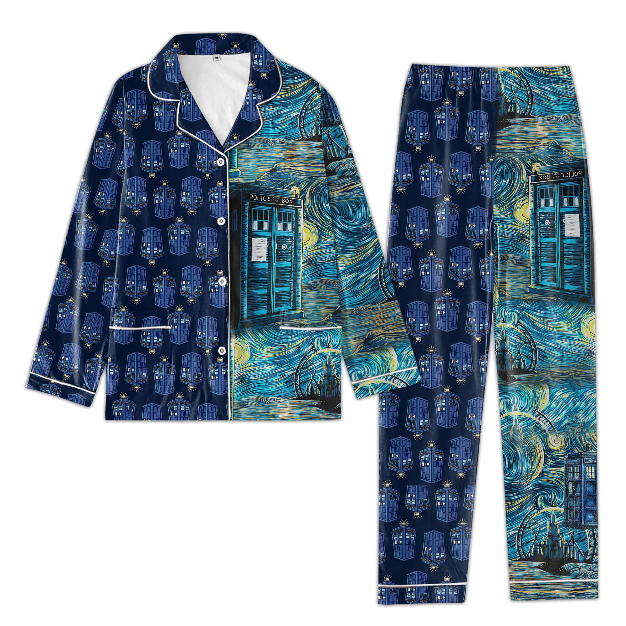Doctor Who Pajamas, Police Box Starry Night Art Pajamas Set, Doctor Who Tardis Pajamas Pants, Doctor Who Women Pajamas