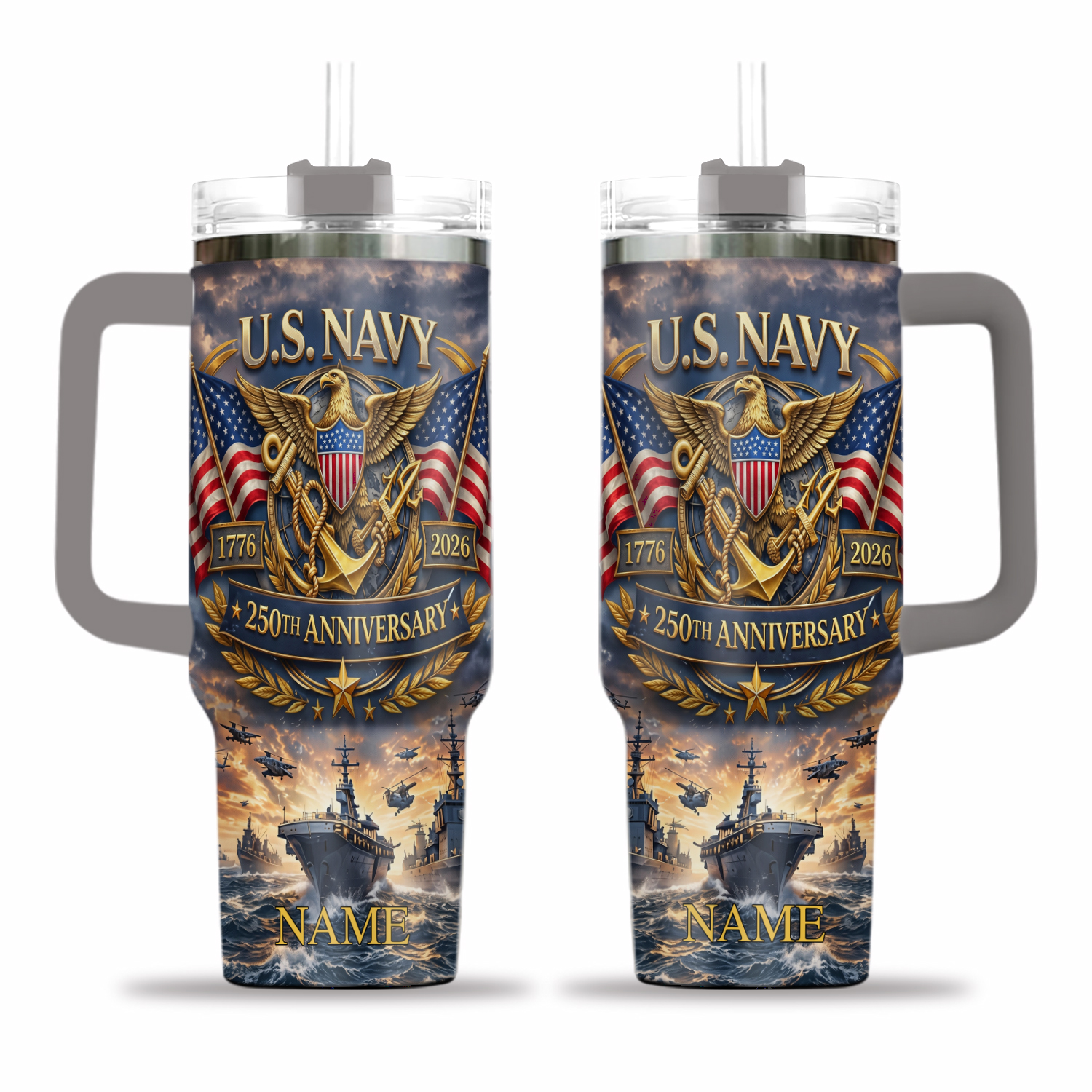 Personalized U.S. Navy 40oz Tumbler 250th Anniversary Custom Name Military Gift for Men, Veteran Gift, Patriotic Watch Gift