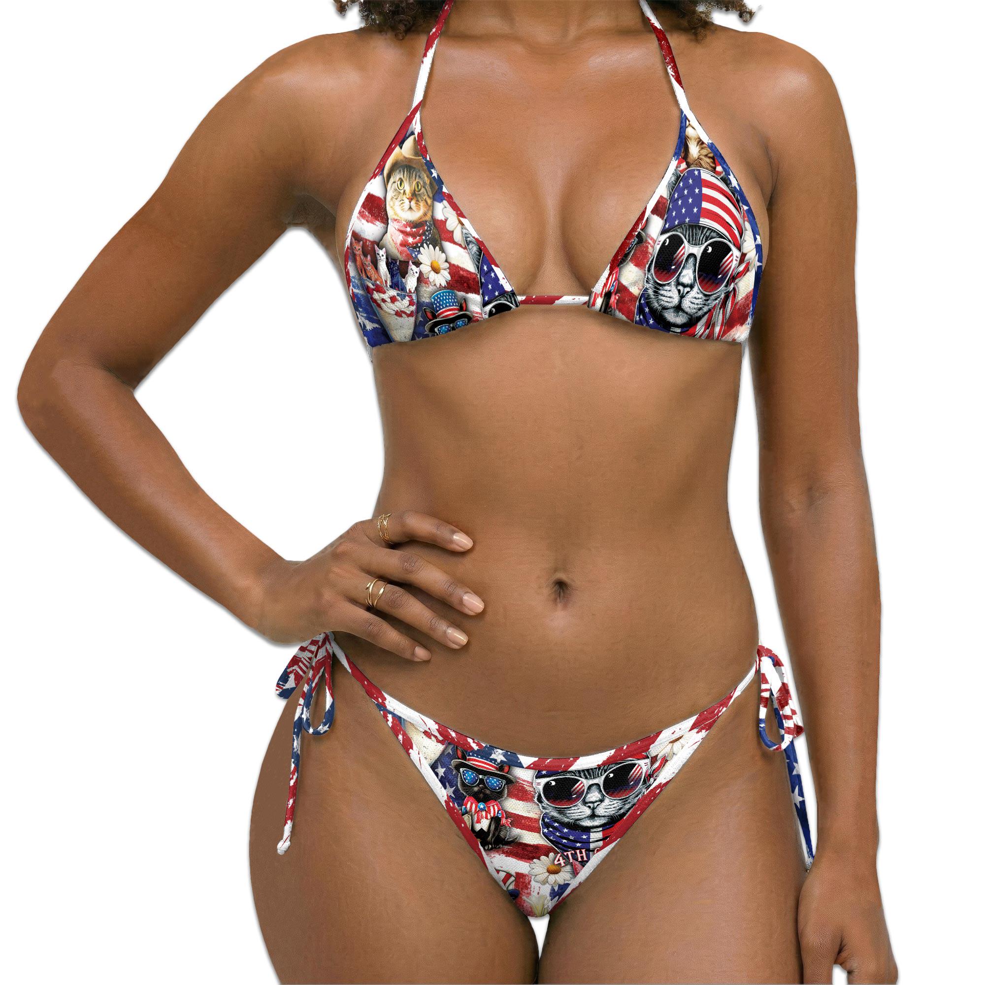 Patriotic Cat Bikini Set, Women's Triangle String Bikini, 4th of July American Flag Swimsuit