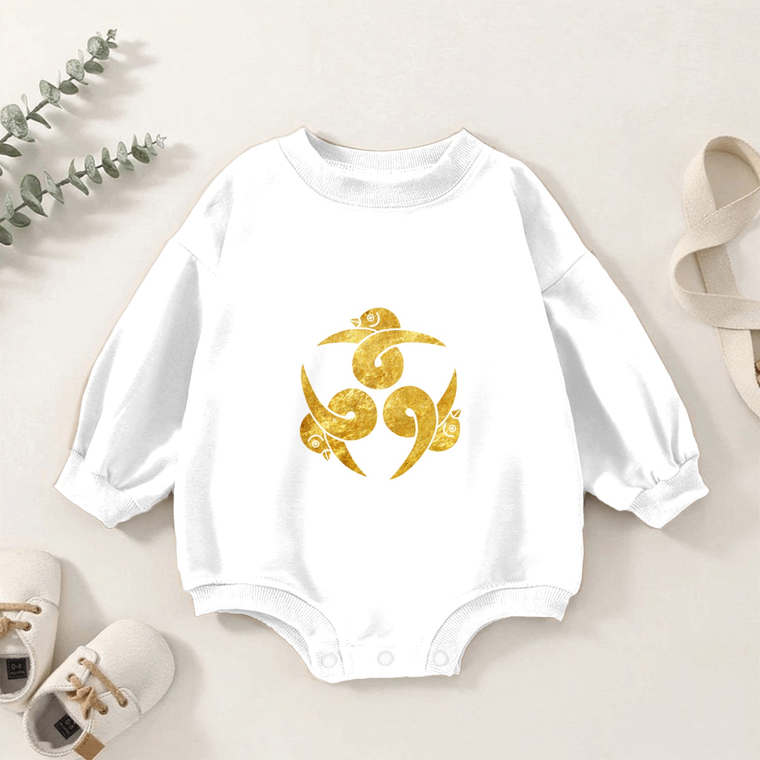 Oriental Three Geese Japanese Kamon in faux gold Baby Romper Sweatshirts