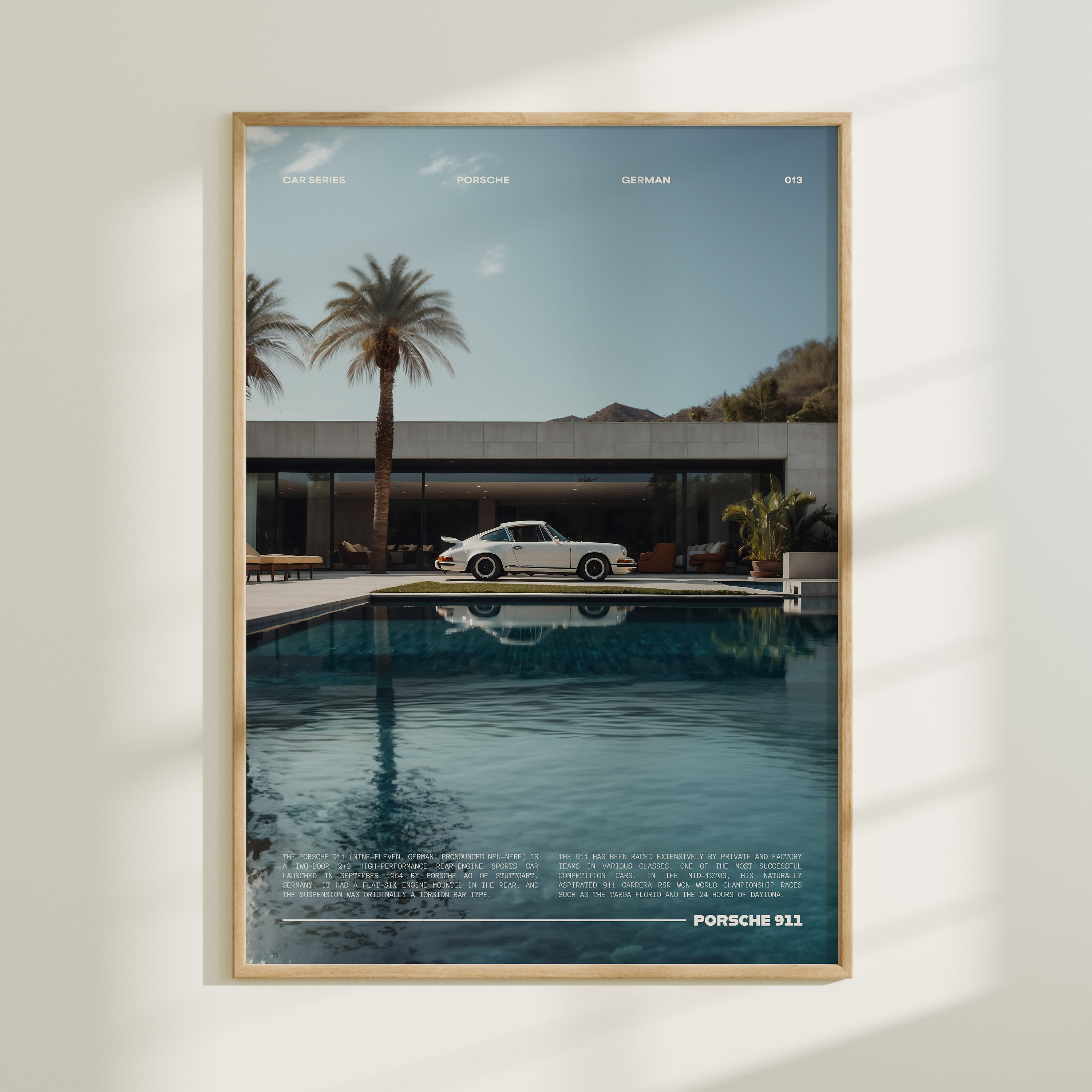 Porsch 911 by the Pool, Vintage Prsch Print, Summer car Wall Art, Vintage Car Poster, Old Car Poster, Minimalist german car Poster