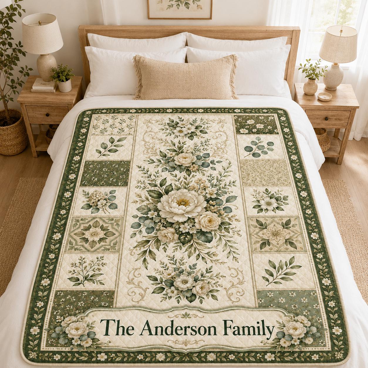 Personalized Floral White Rose Quilt Blanket, Sage Green Botanical Family Name Throw, Elegant Farmhouse Quilt