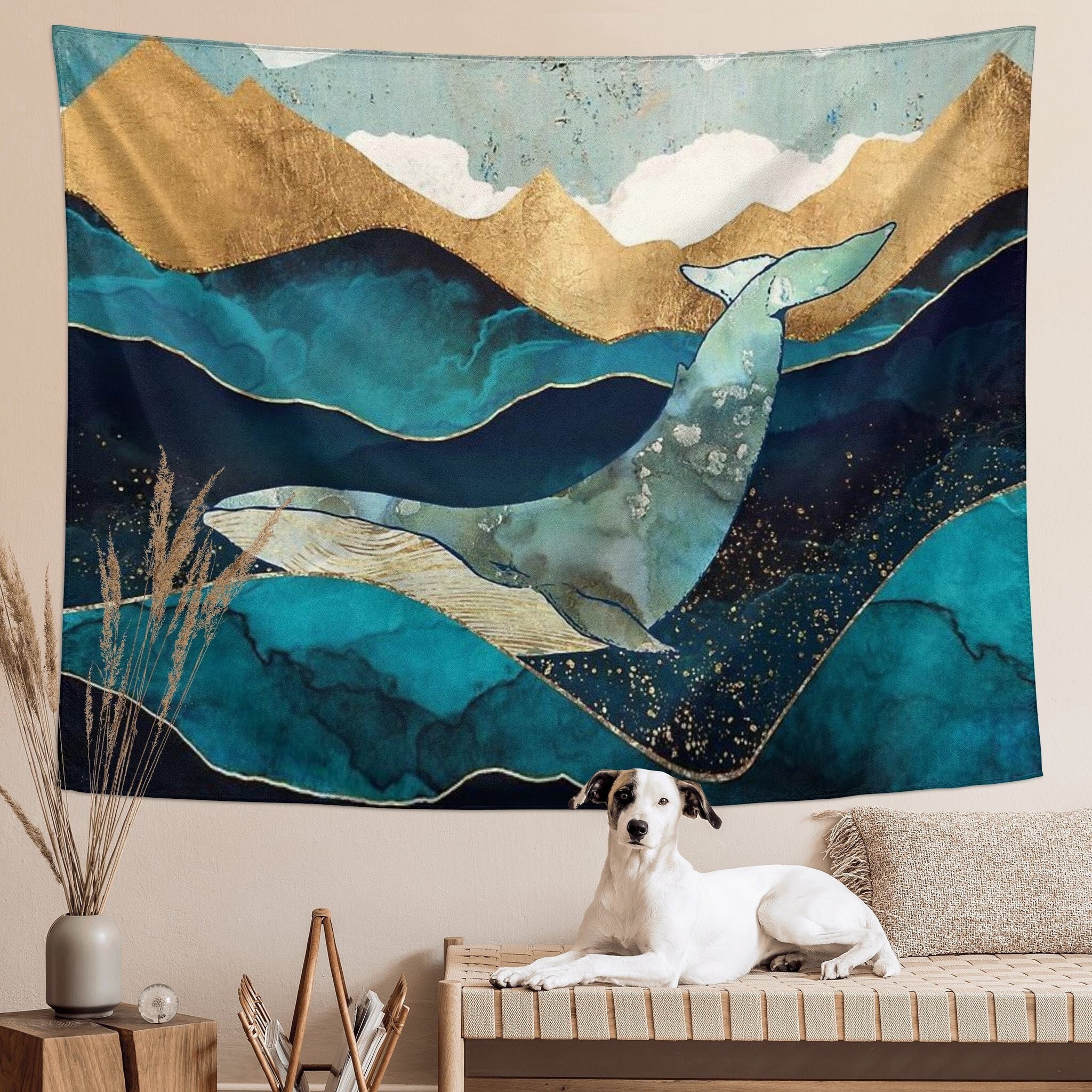 Blue Whale Tapestry Wall Hanging Ocean Waves Room Decor Wall Tapestry