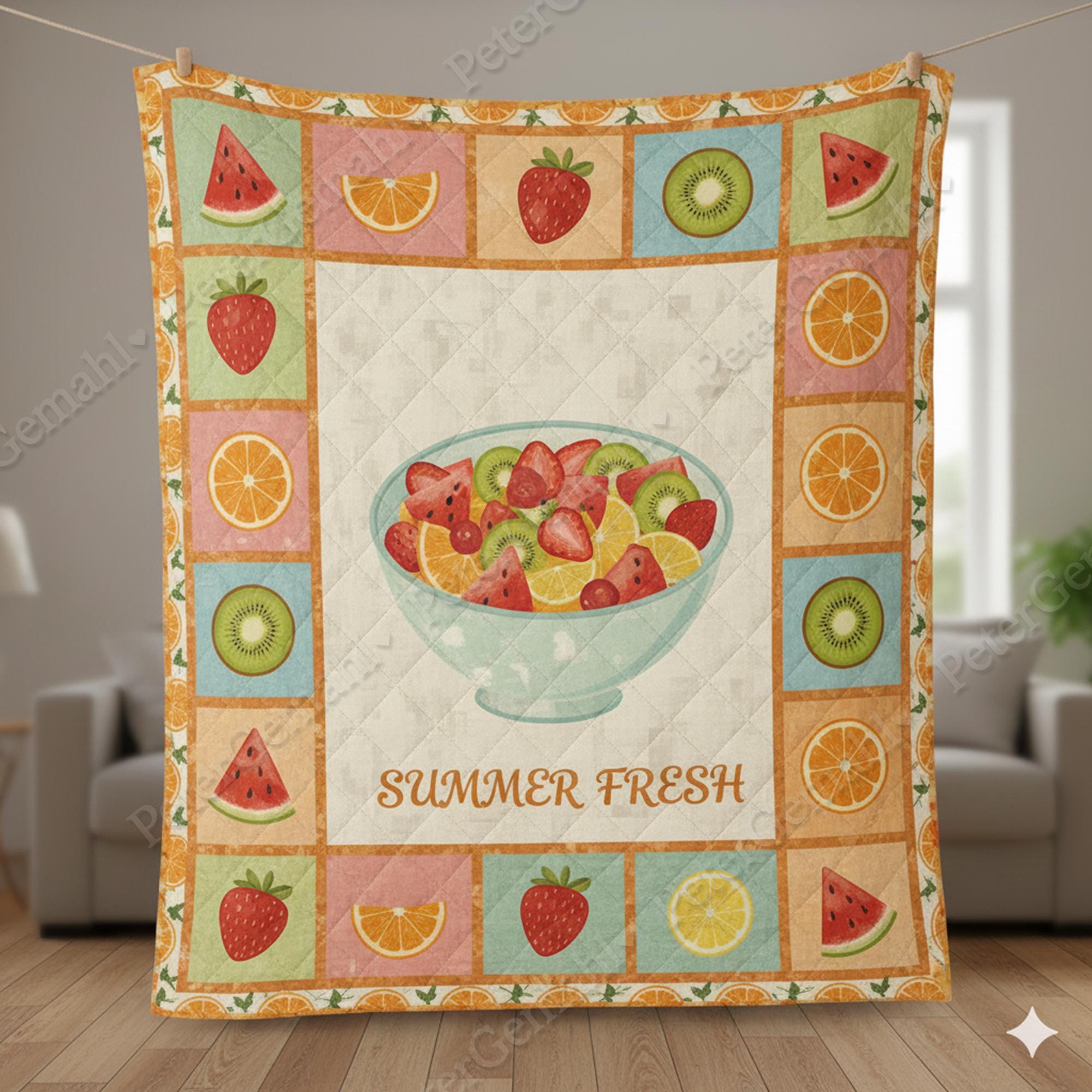 Summer Fresh Quilt Blanket, Kids Room Bedding, Tropical Cartoon Quilt, Summer Vibes Blanket, Gift for Kids
