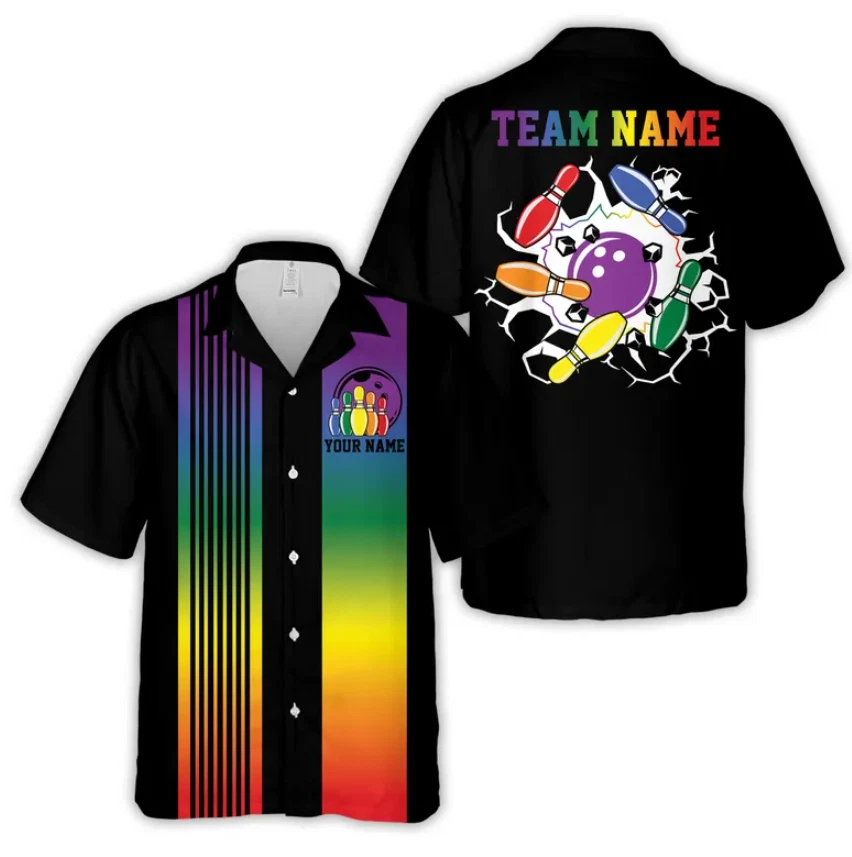 Custom Name Rainbow Stripes Bowling Hawaiian Shirt