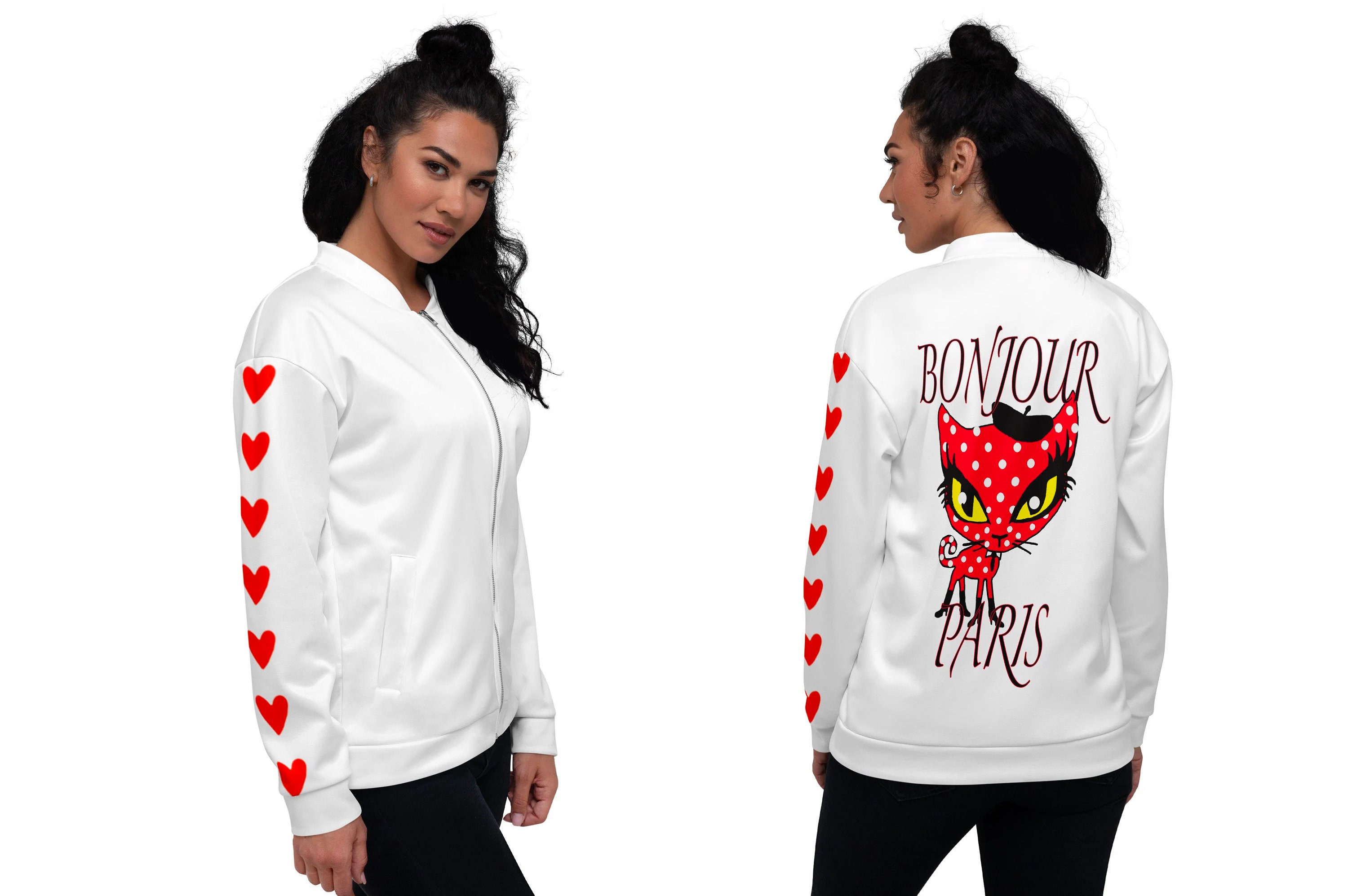 Unisex bomber jacket white with print motif: BONJOUR PARIS, good morning Paris cat jacket