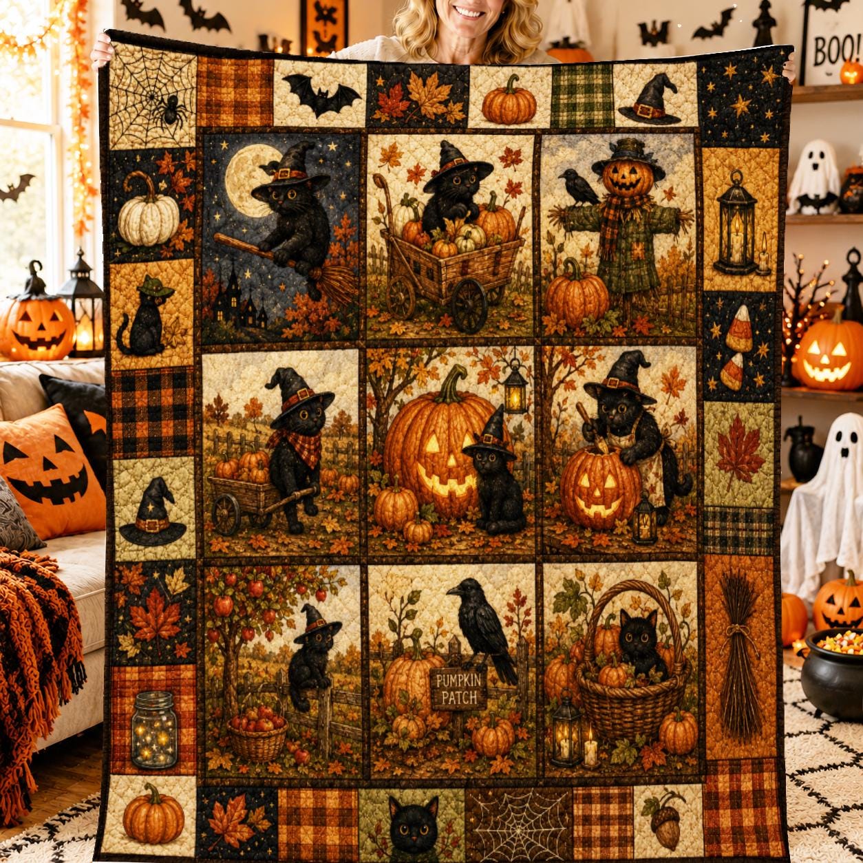 Halloween Black Cat Quilted Blanket, Spooky Pumpkin Patch, Cozy Autumn Home Decor