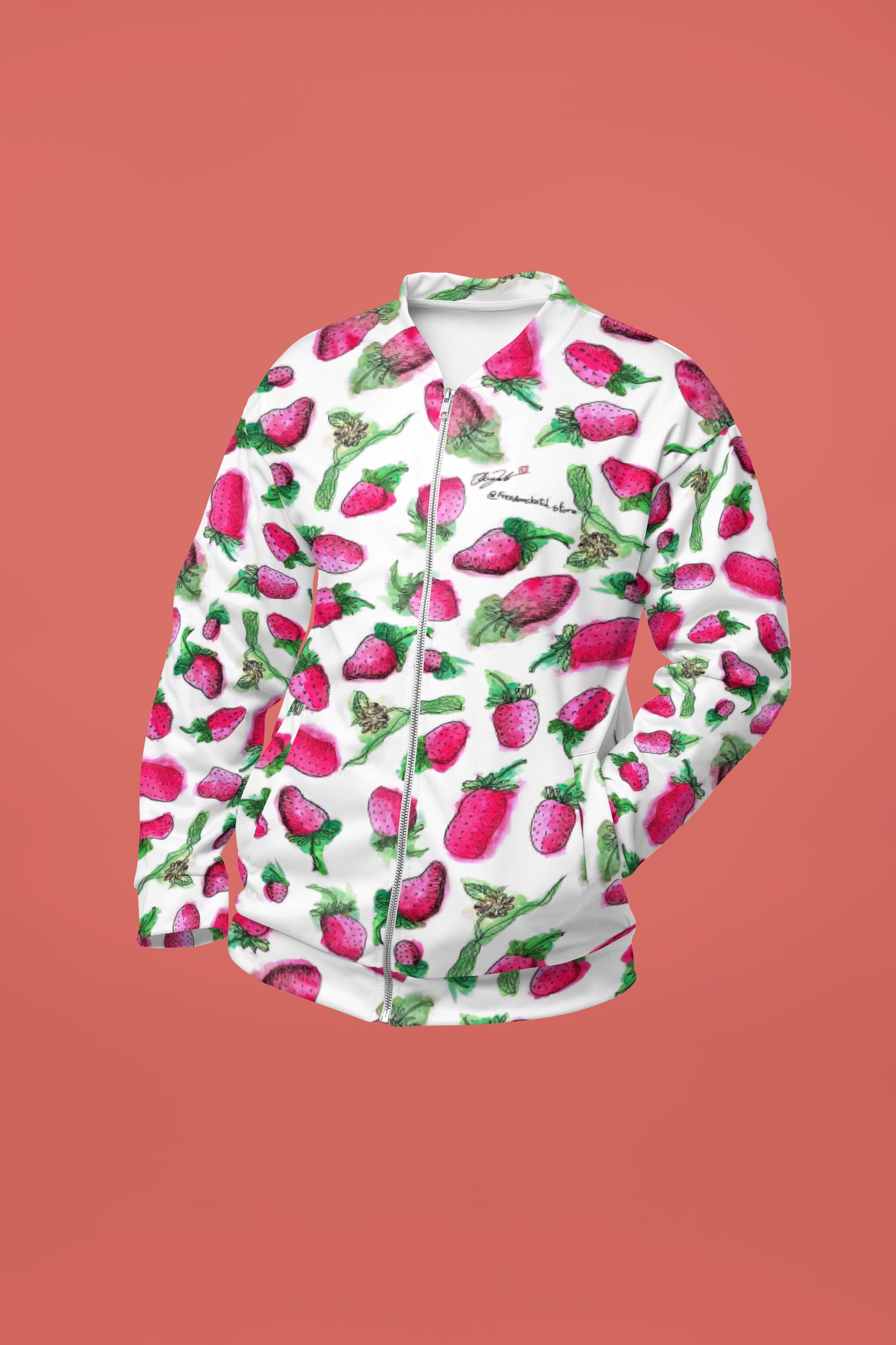 Strawberry Bomber Jacket: Unisex Fleece Lined, Watercolor Art