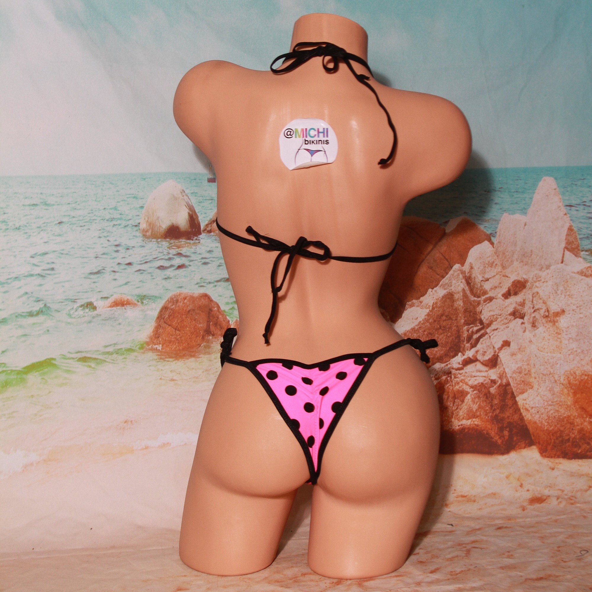 Neon Pink with Black Polka Dots with Black Trim Micro Coverage Top Scrunch Butt Bottom String Bikini 2 Piece Set One Size