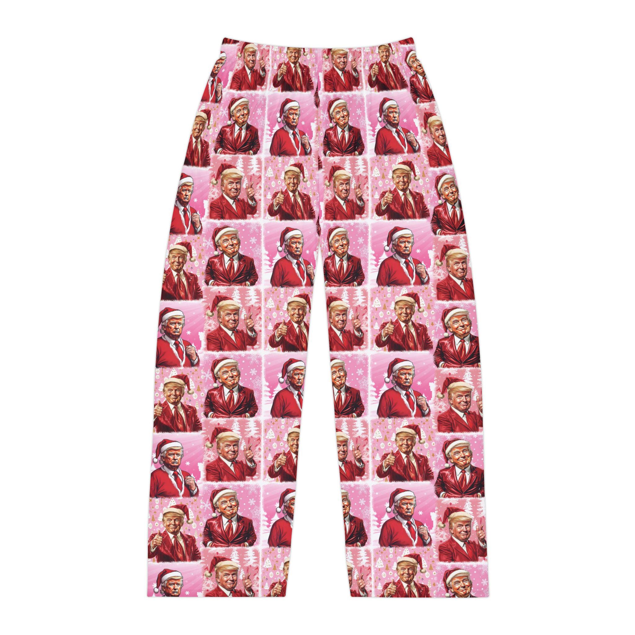 Funny Trump Caricature Christmas Pajama Pants Cozy Pink Unisex Holiday Lounge Wear