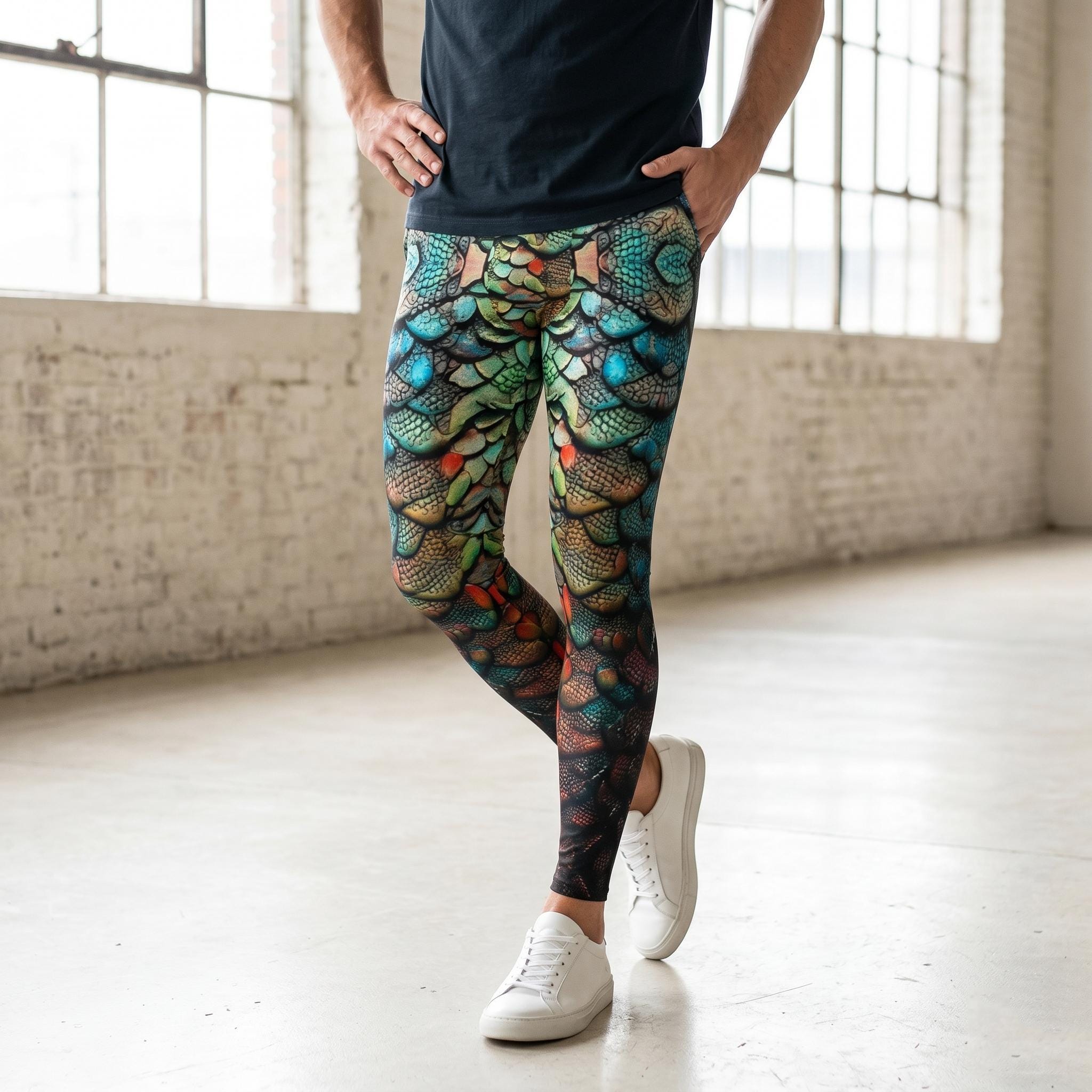 Gladiator Mens Leggings, Exoskeleton Armor, Workout Pants, Dystopian Cycling Athletic, Fitness, Cosplay Wrestling Fish Scales, Neptune