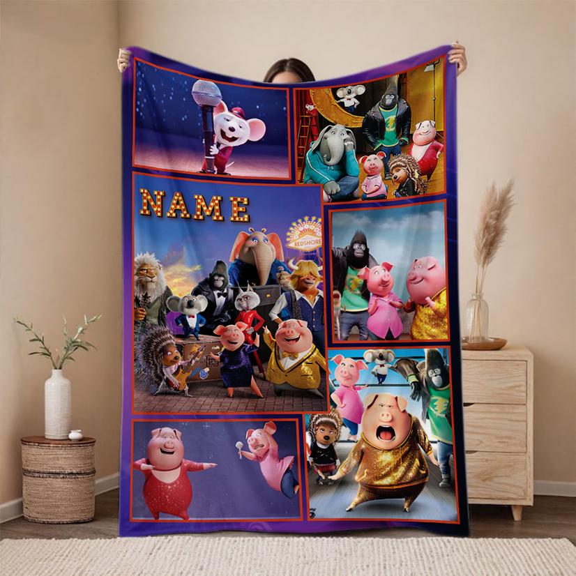 Personalize Sing Pig Blanket, Sing 2 Movie Cartoon, Birthday Gift Baby Name Blanket, Velveteen Plush Blanket, Sing Characters Blanket