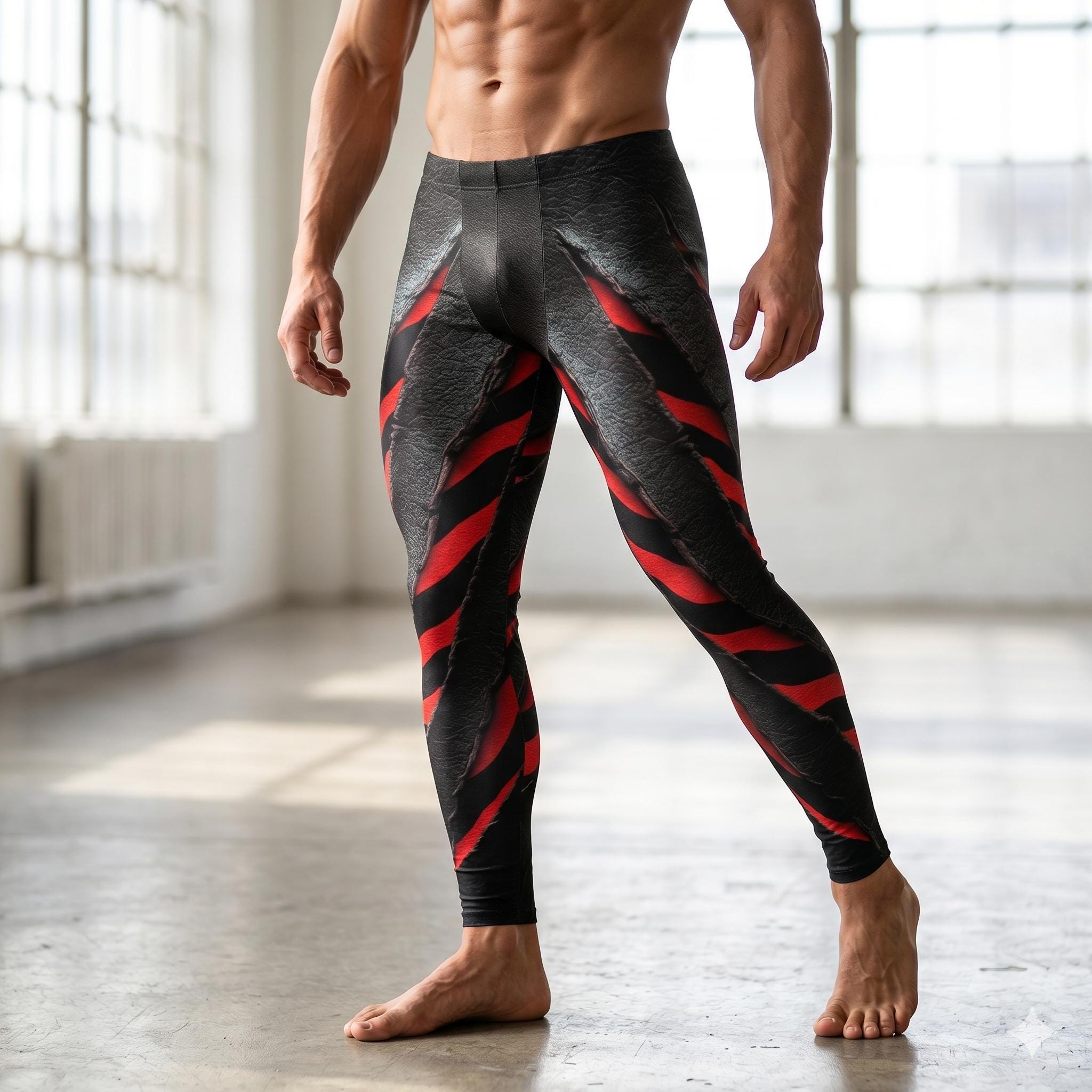Red Zebra Stripe Mens Leggings Slash Workout Pants Cycling Athletic Fitness Running Exercise, Steampunk Wrestling