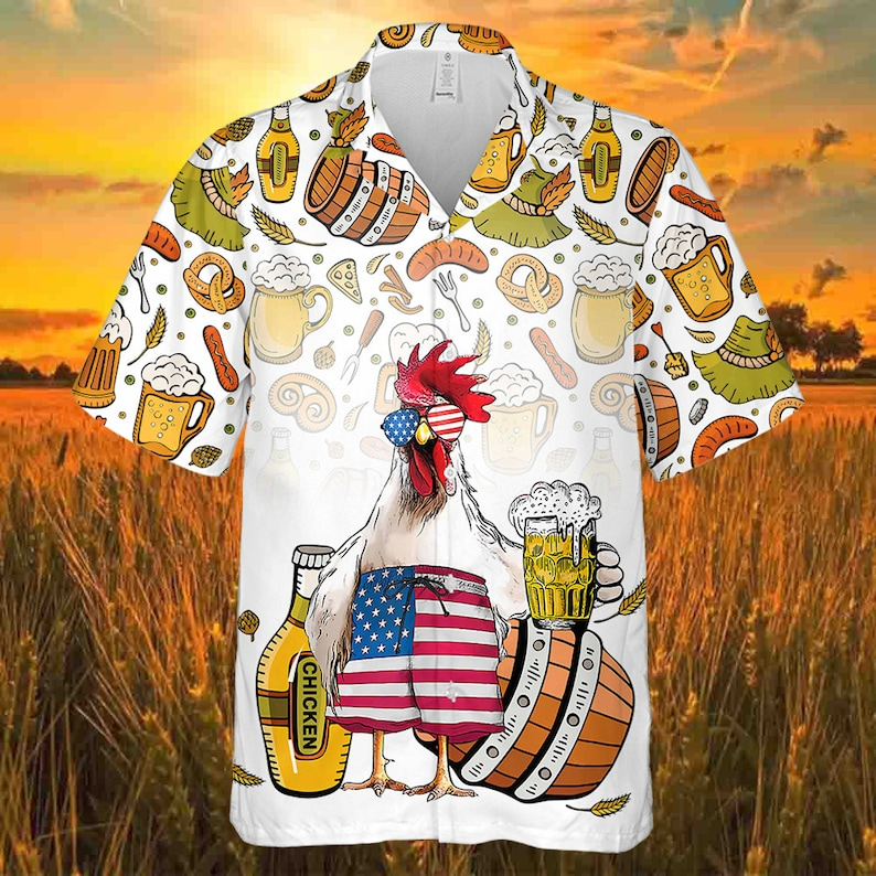 Turkey Chicken Drinking Beer Us Flag Rooster Hawaiian Shirt Happy Thanksgiving