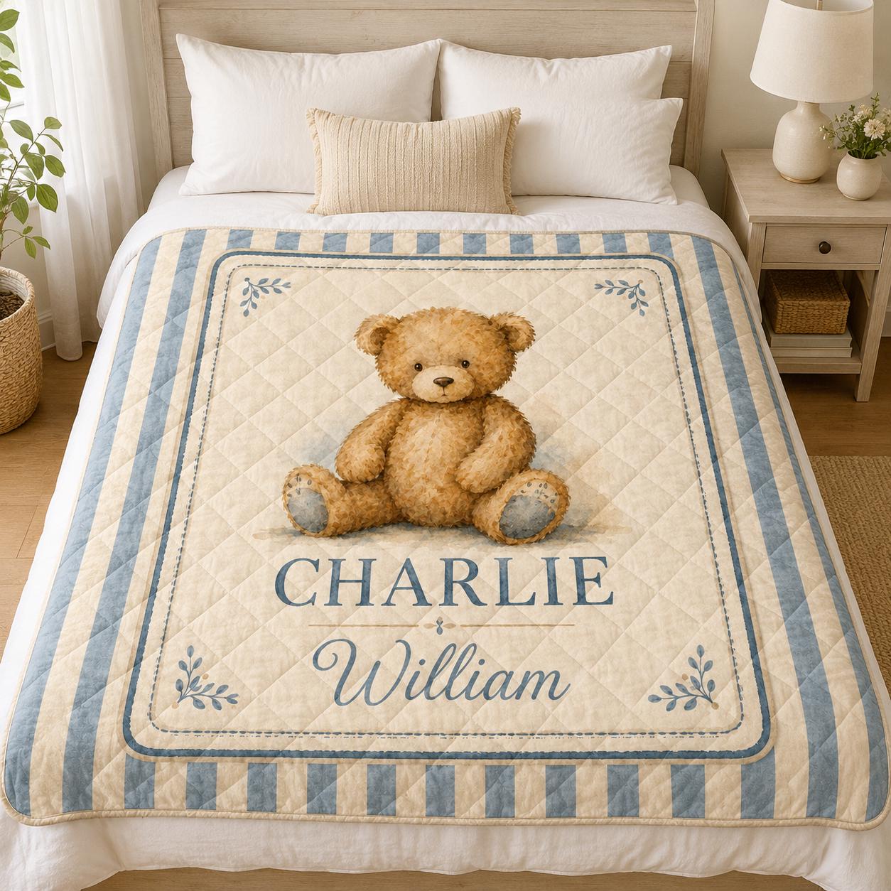 Personalized Teddy Bear Quilt Blanket, Custom Name Baby Nursery Blue Striped Keepsake