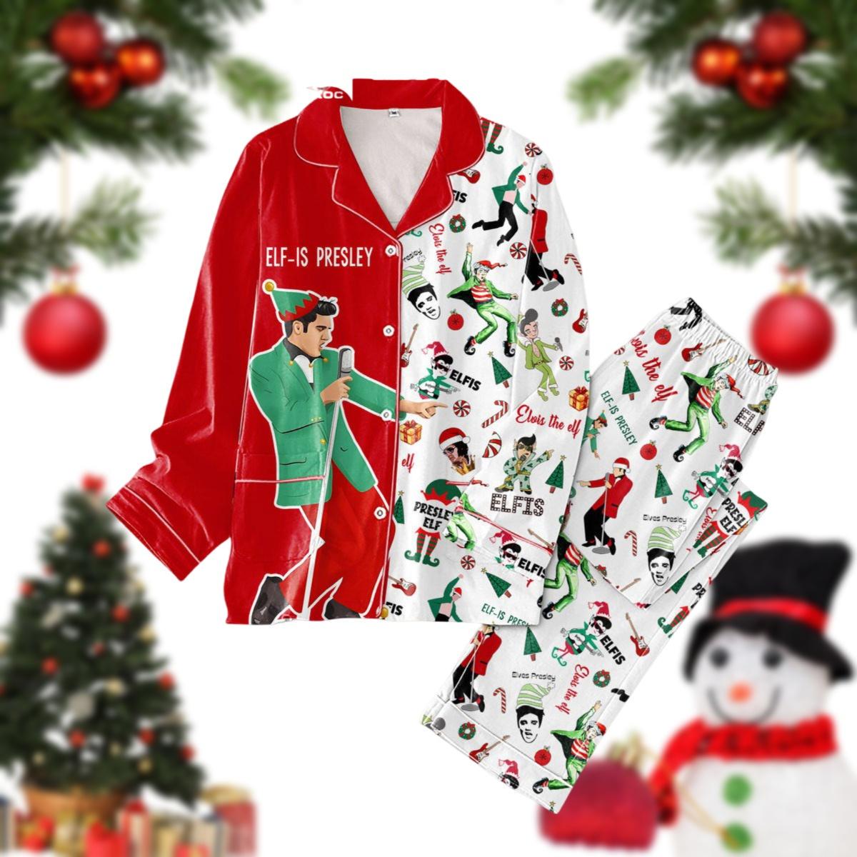 Elf Is Presley Christmas Pajamas Set, Elvis The Elf Xmas Thick Pajamas, Elvis Presley Music Holiday Pajamas, Matching Christmas Pajamas