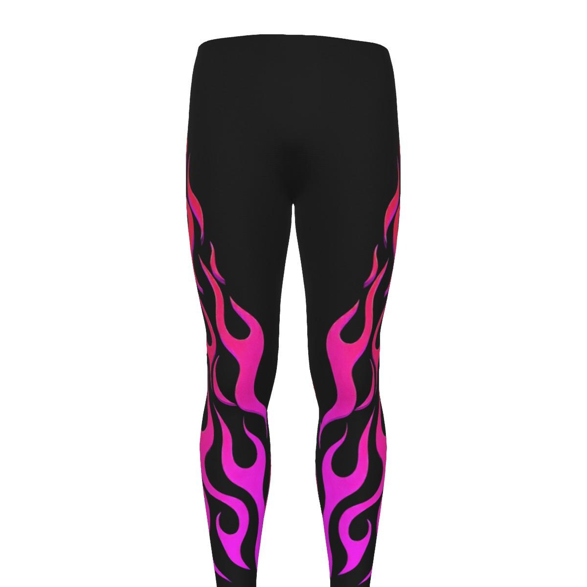 Red Pink Flames Mens Leggings 3D Workout Pants Cycling Athletic Fitness Running Exercise, Steampunk Wrestling