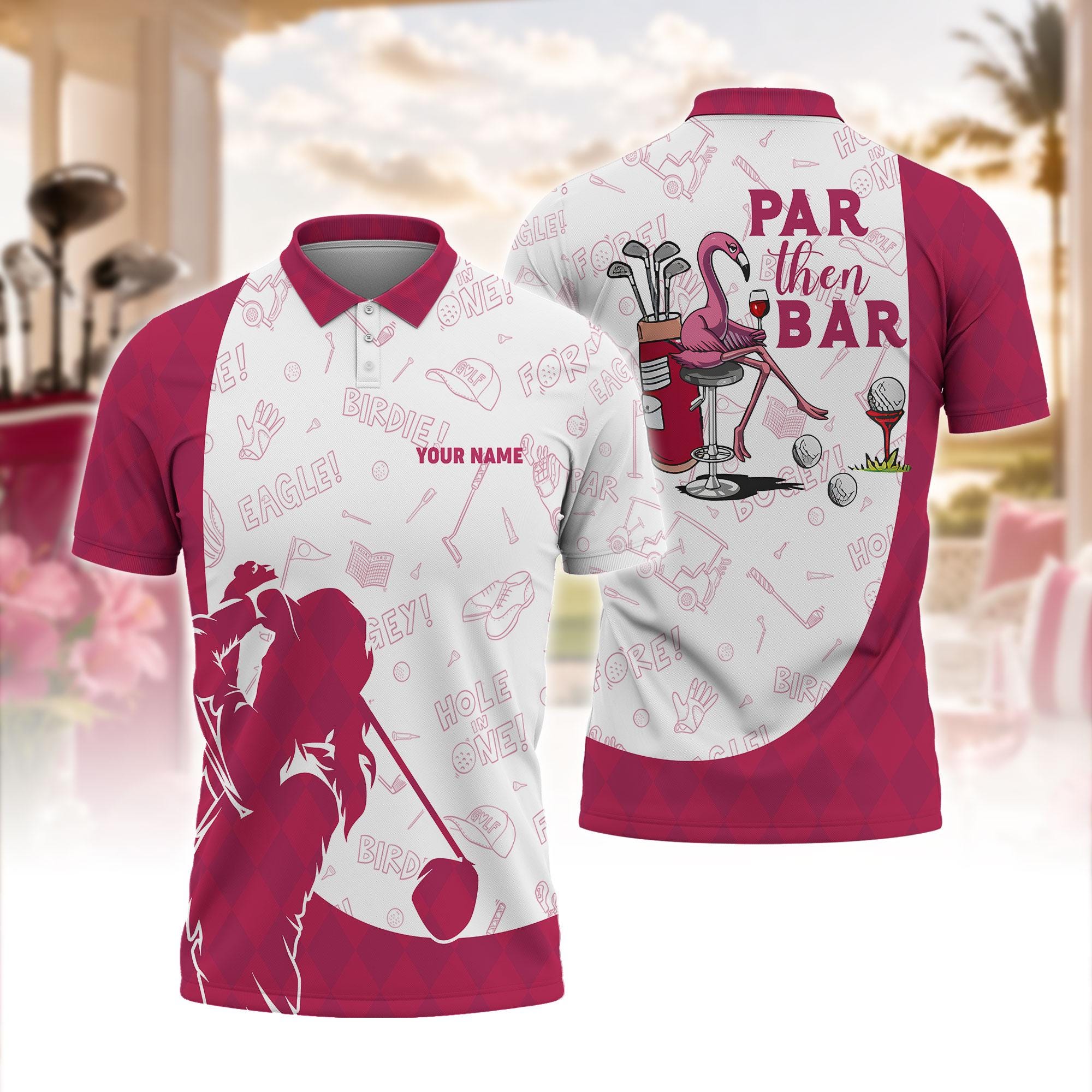 Personalized Women's Golf Polo Shirt with Flamingo Pink Argyle Design
