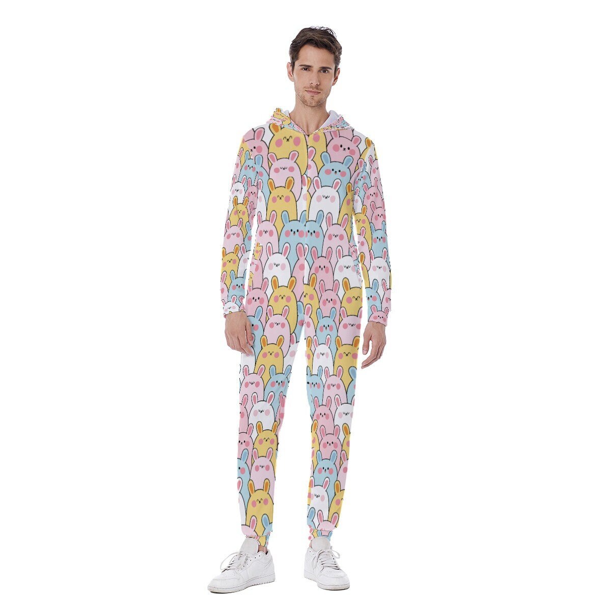 colorful bunny Men's Hooded Jumpsuit, Pajamas Winter Warm