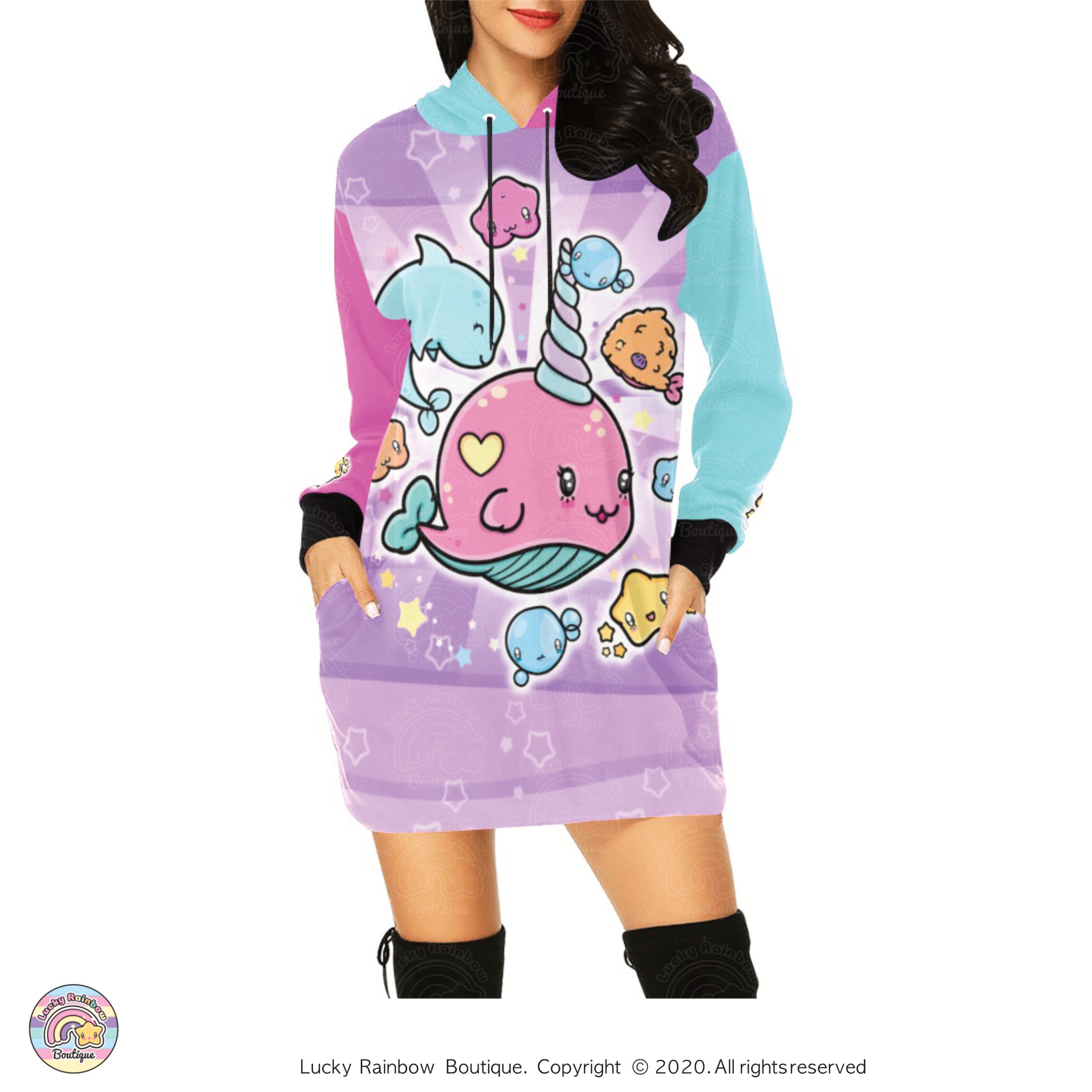 Narwhal & Dolphin Oversized Hoodie, Pink Unicorn Whale Sweater Dress, kawaii Clothes, All Over Print Sweatshirt, Cartoon Hoodies