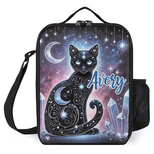 Personalized Black Cat Kitten Galaxy Lunch Bag, Lunch Bag for School Camp Boys & Girls