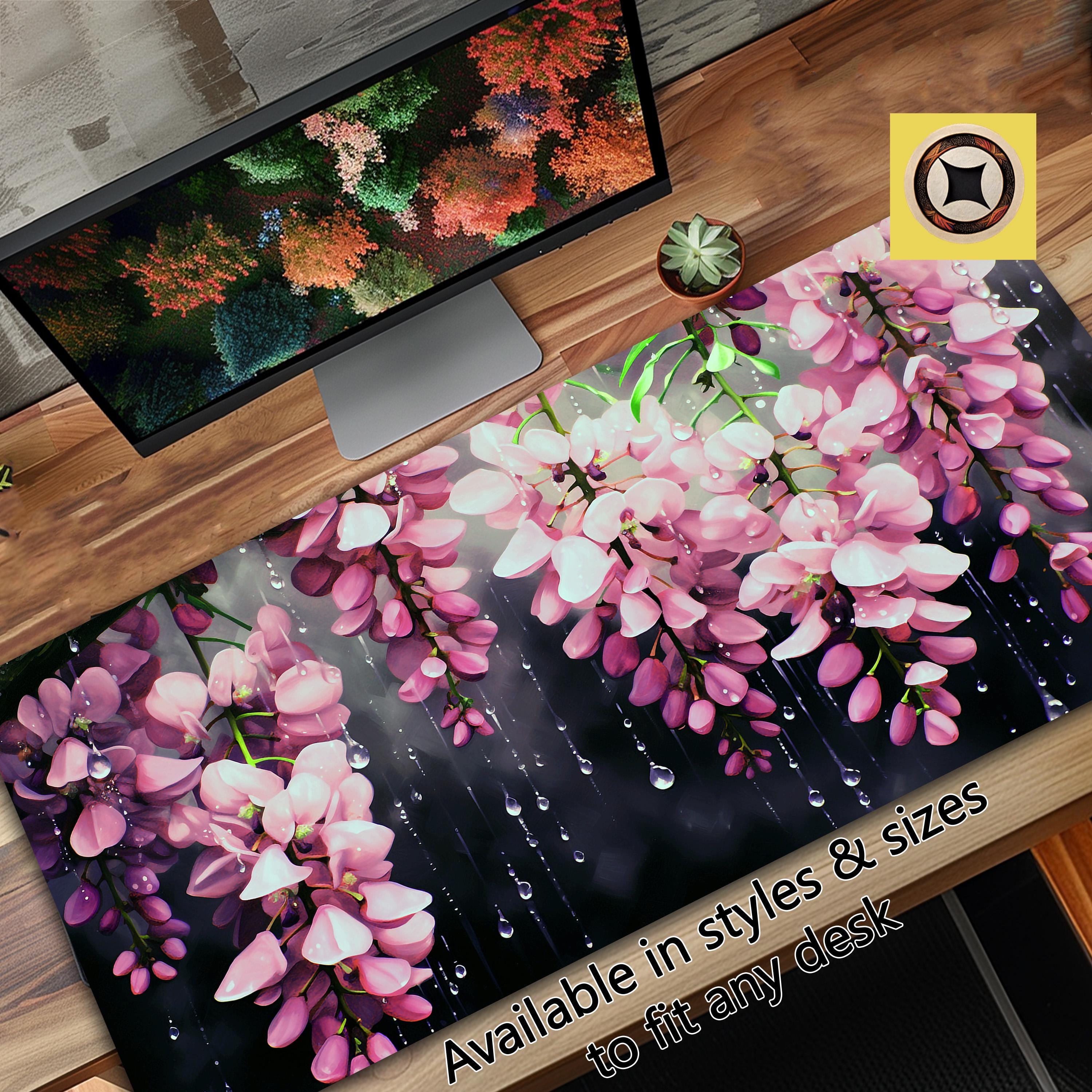 Pink Wisteria Rain Large Desk Pad for Aesthetic Desk Decor and Gift