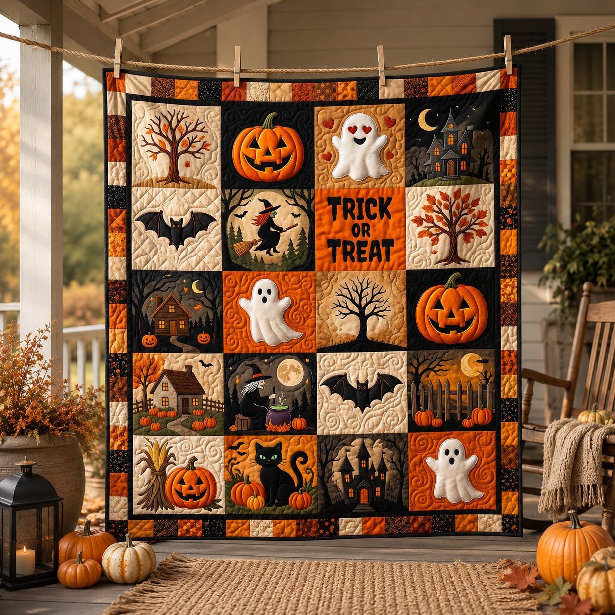 Halloween Quilted Blanket with Pumpkin and Witch Designs for Fall Decor
