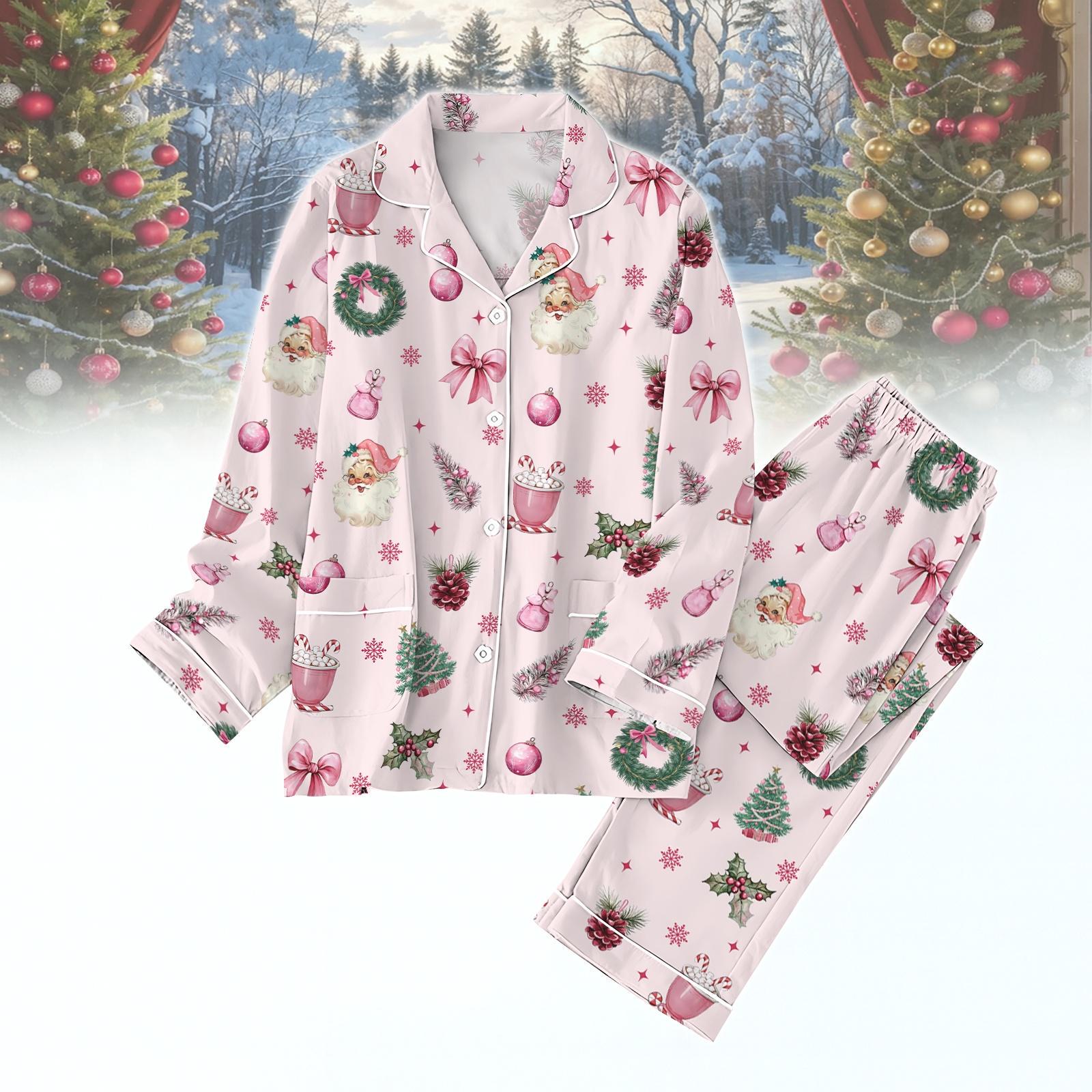 Pink Vintage Santa Christmas Pajamas Set, Retro Holiday PJs, Cozy Festive Sleepwear