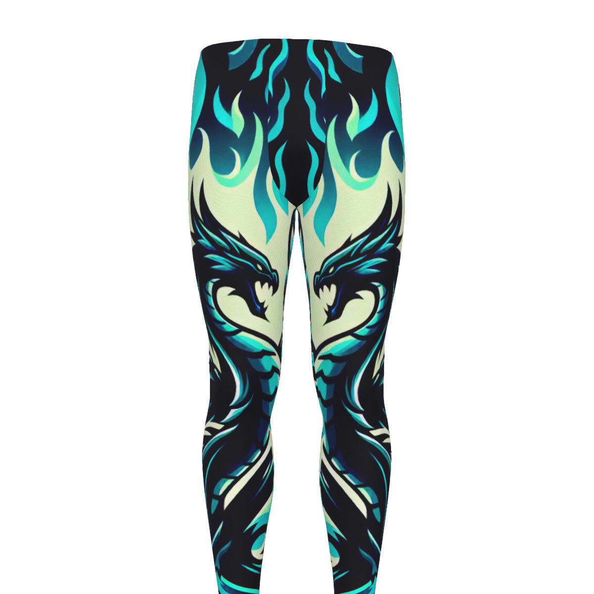 Neon Blue Flaming Dragon Men's Leggings for Fitness and Athletic Training
