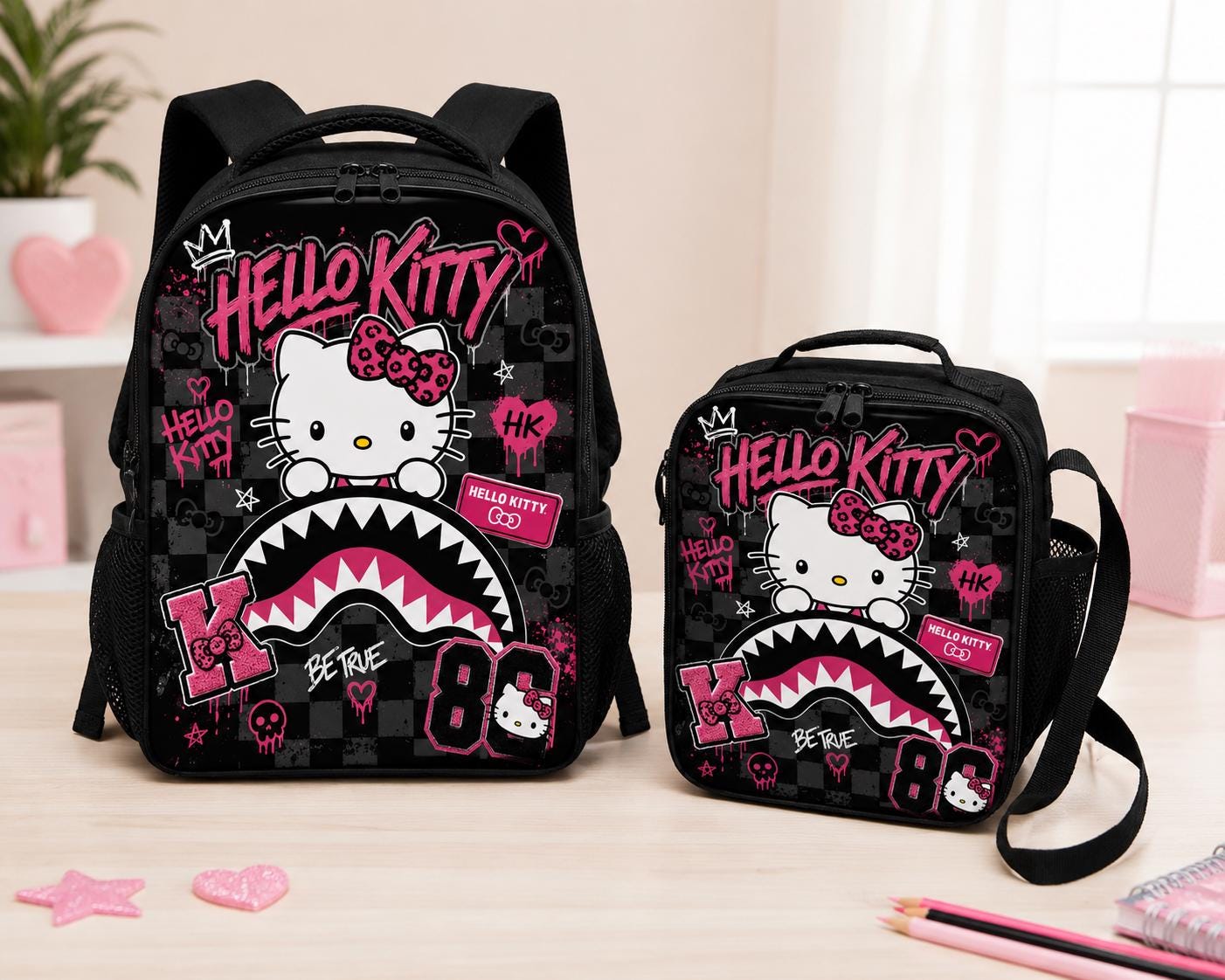 Sprayground-Inspired Kitty Backpack & Lunch Box Set | School Backpack | Graffiti Style Backpack | Lunch Bag | Back to School
