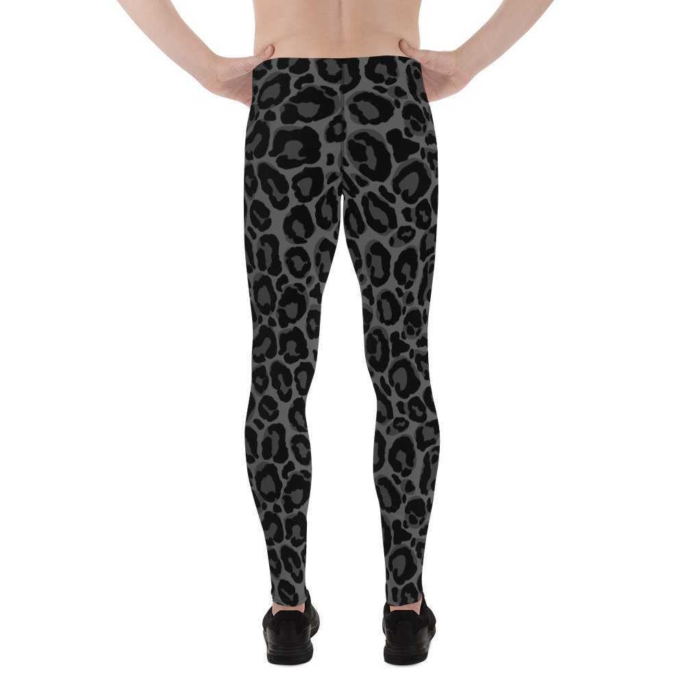Black Leopard Men Leggings, Animal Print Panther Cheetah Jaguar Grey Guys Male Running
