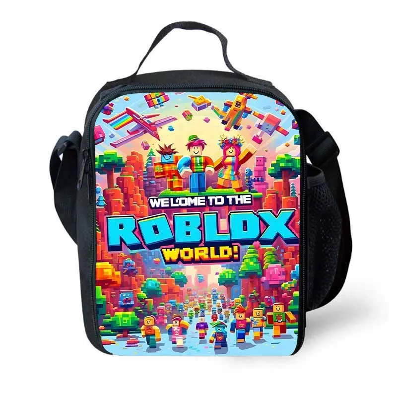 Roblox Insulated Kids Lunch Bag, Cartoon Crossbody Shoulder Lunch Box for Boys, Elementary School Students, Reusable Picnic Handbag